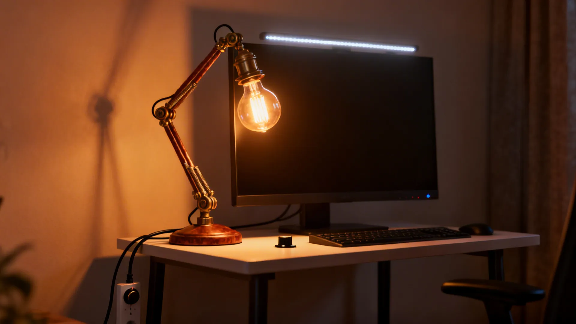 Adjustable task lamp with warm bulb and LED strip creating cozy desk ambiance.