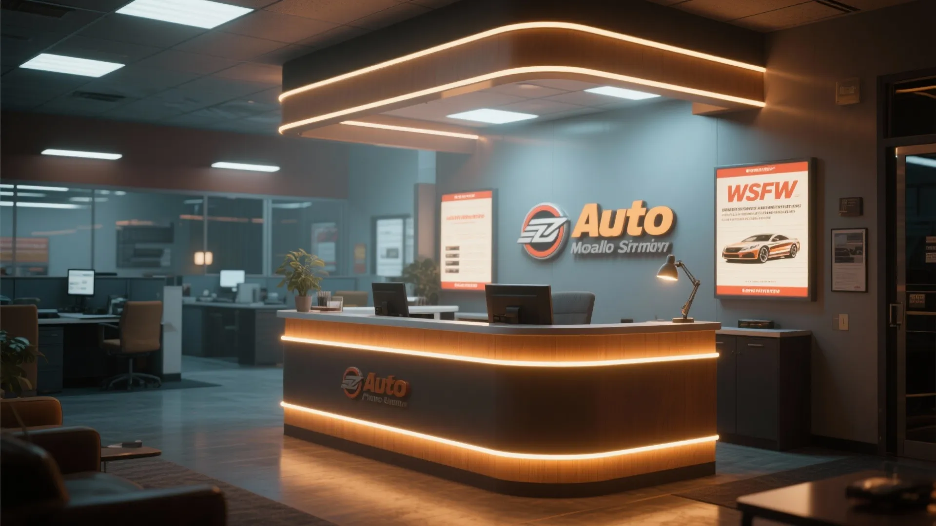 Warm LED and ambient mood lighting in auto repair office
