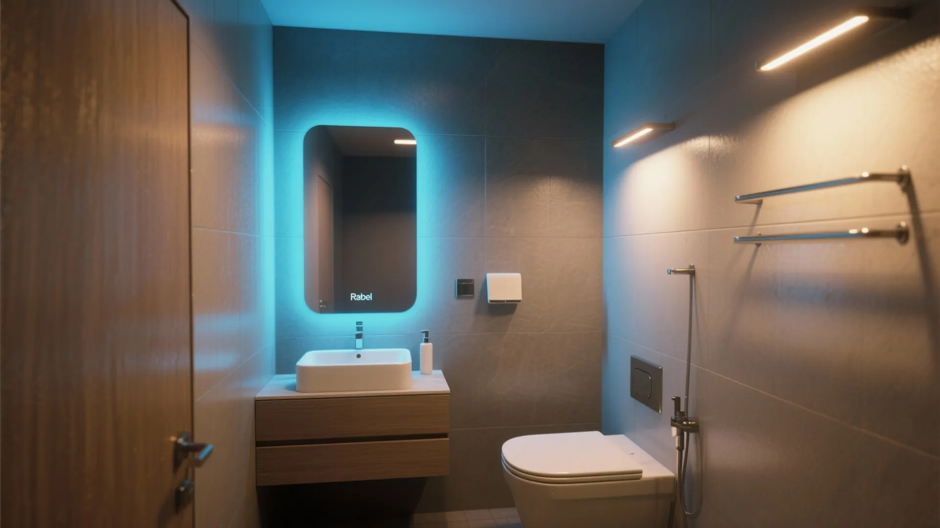 Small bathroom with layered lighting and subtle blue accent backlight for a cinematic, galactic mood.