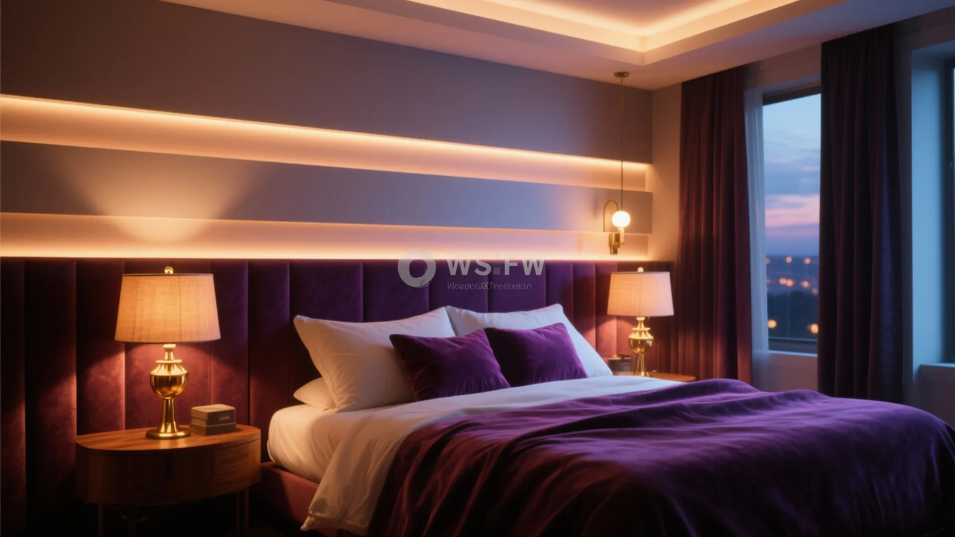 Purple bedroom interior design with warm wall panel lighting bedside table lamps and soft bedding