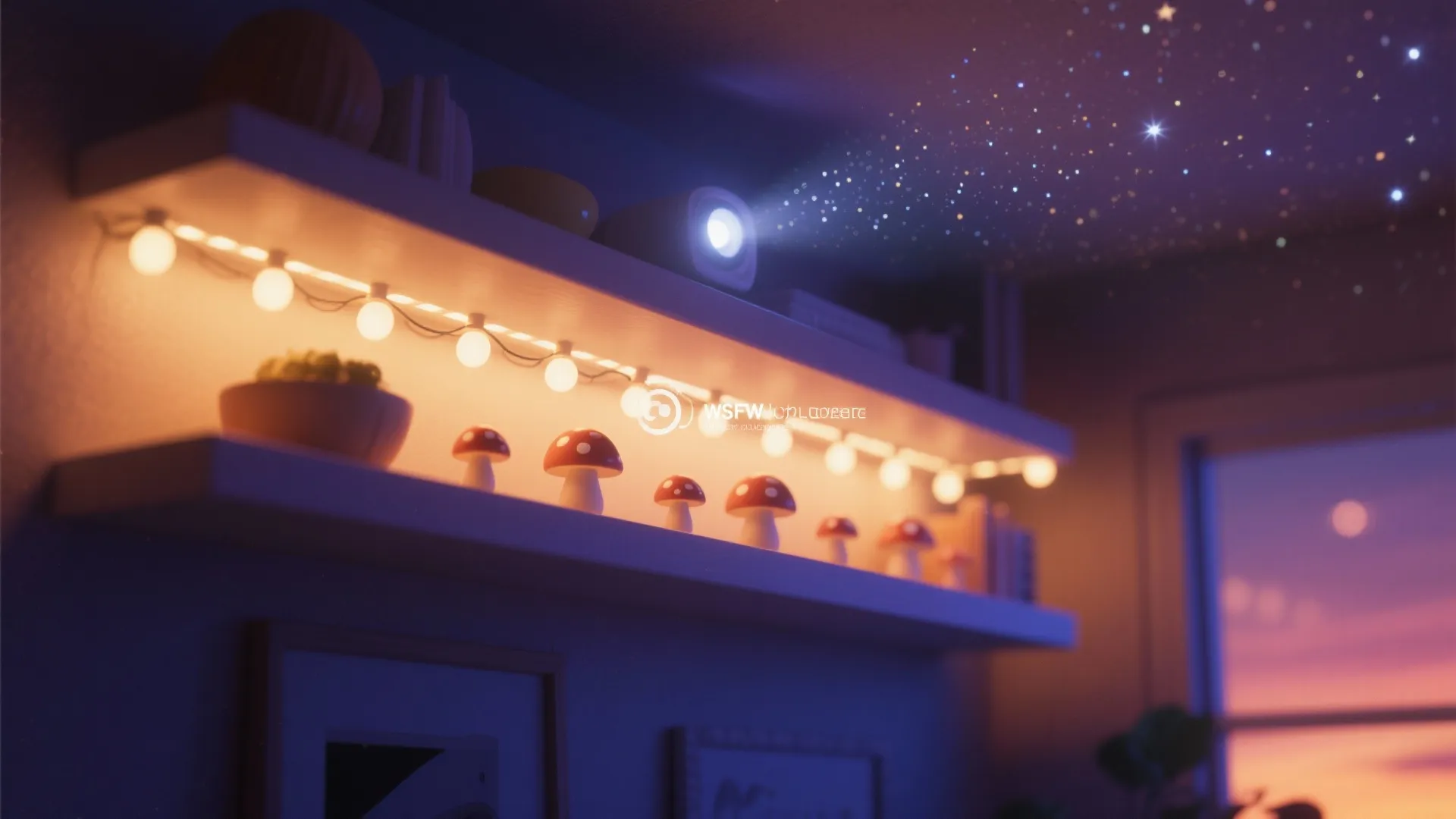Warm mood lighting with LED strips, mushroom-shaped string lights, and a starry projector creating a cozy nighttime atmosphere.
