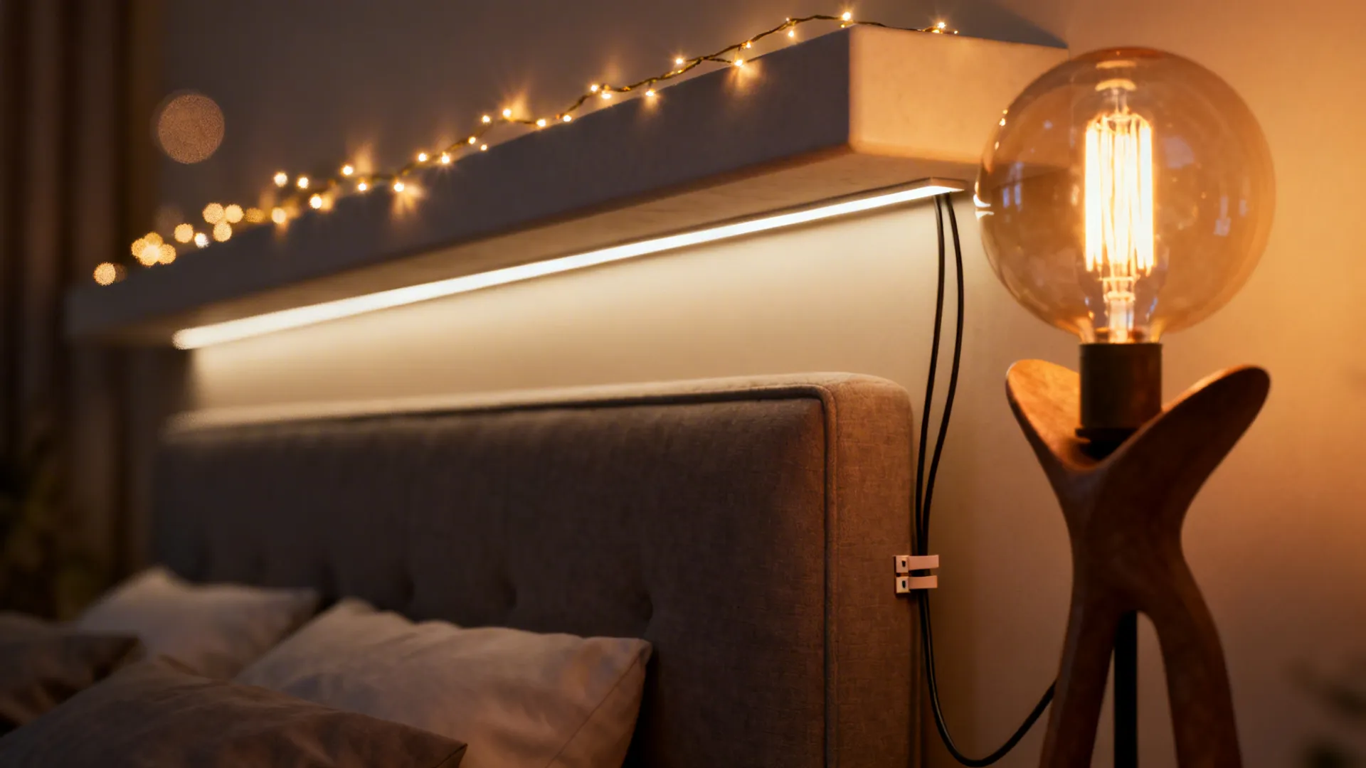 Close-up of warm bedroom lighting: LED strip behind headboard, string lights and sculptural lamp.