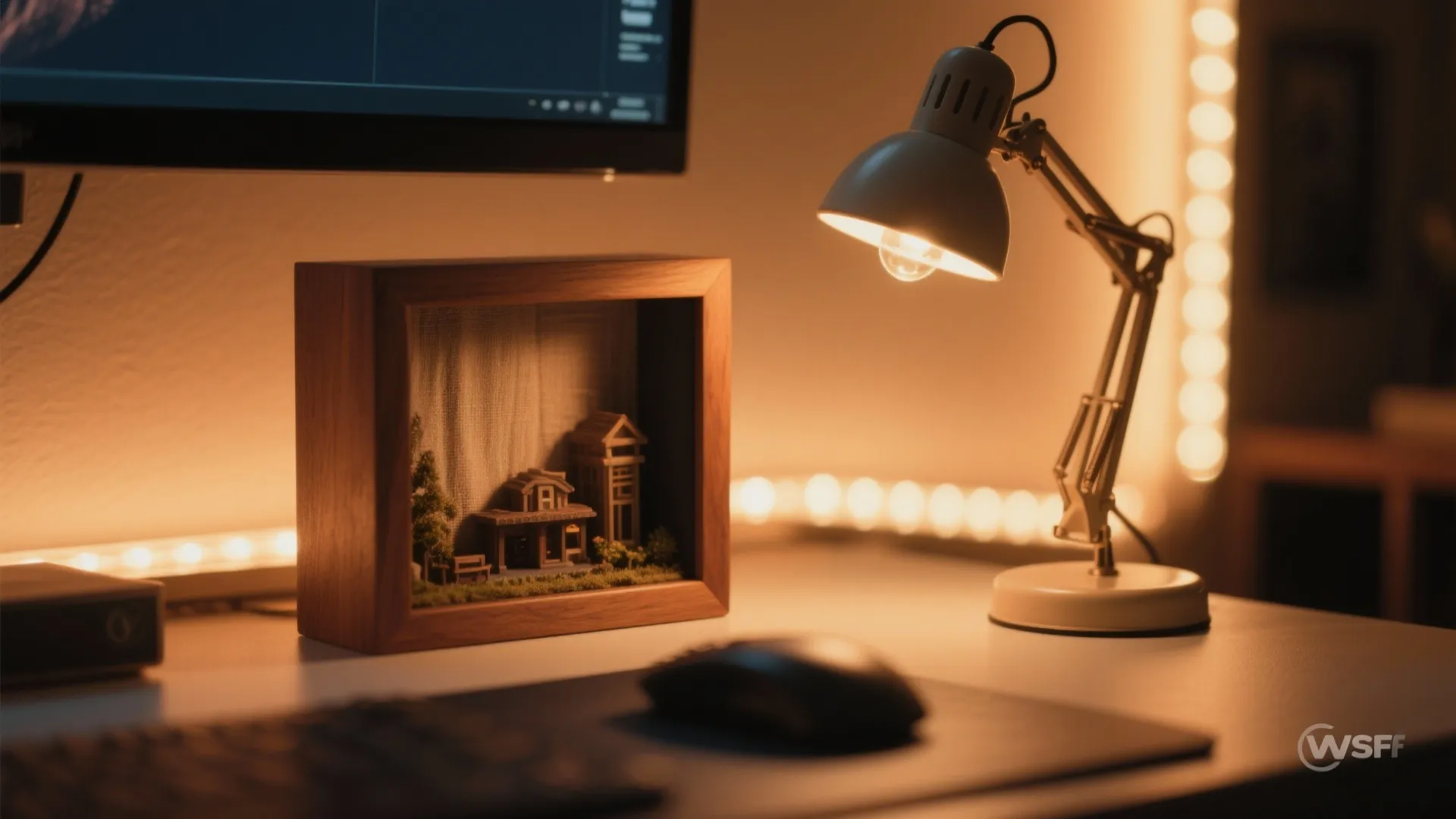 Small wooden house model inside a frame lit by a warm desk lamp at night