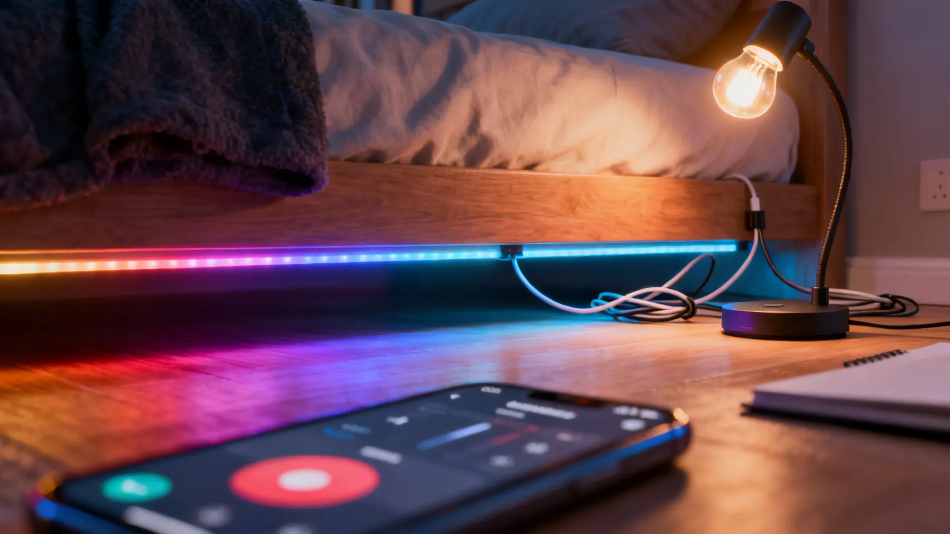 Phone app used to control colorful light strip under bed near a small table lamp