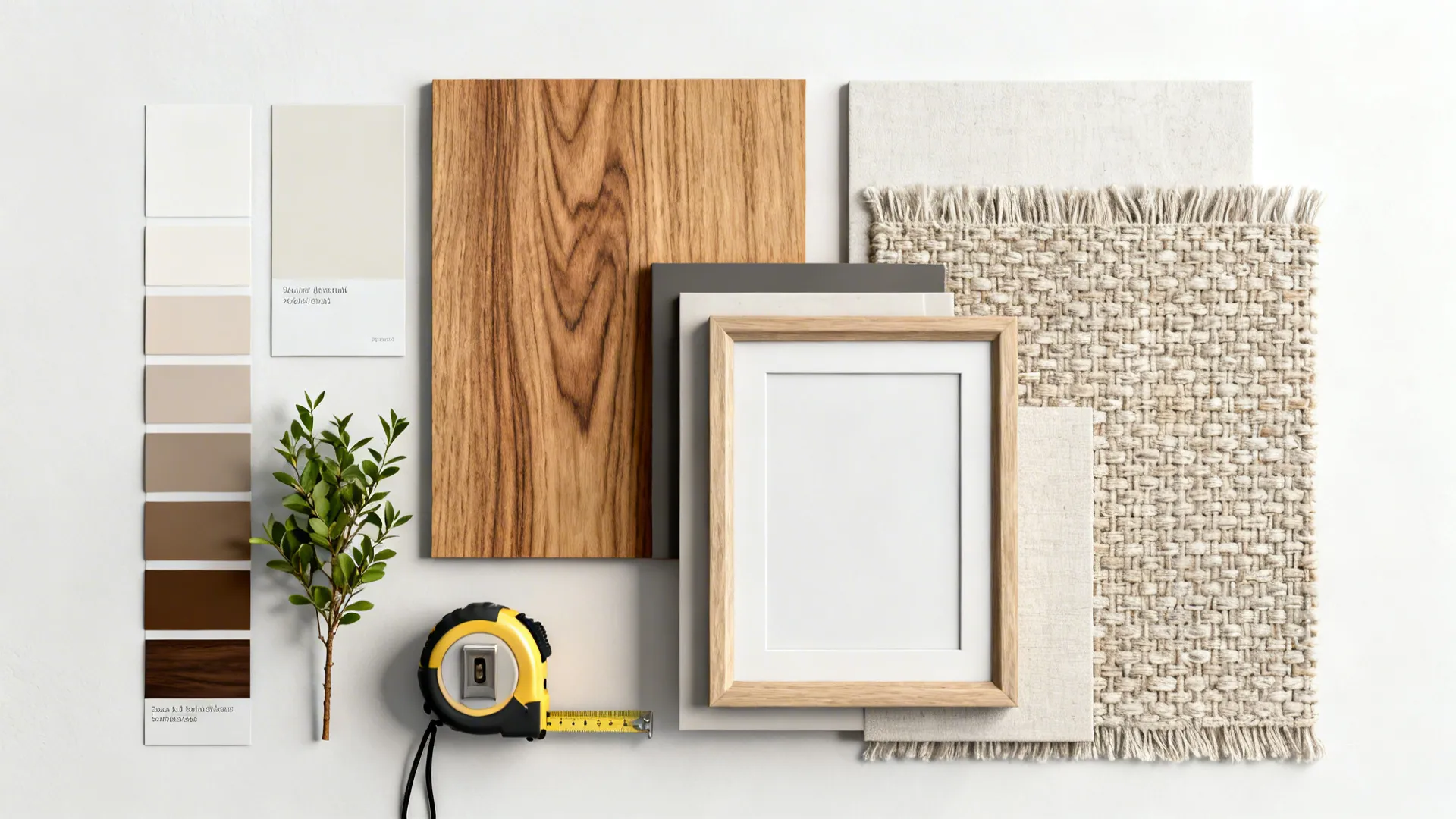 Flatlay of paint swatches, wood veneer, textiles and plant cutting for a white living room.