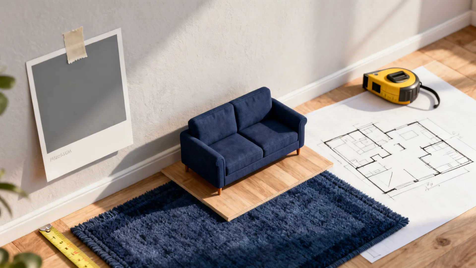 Top-down view of a mood vignette with navy sofa and rug samples, grey paint swatch and floor plan sketch.
