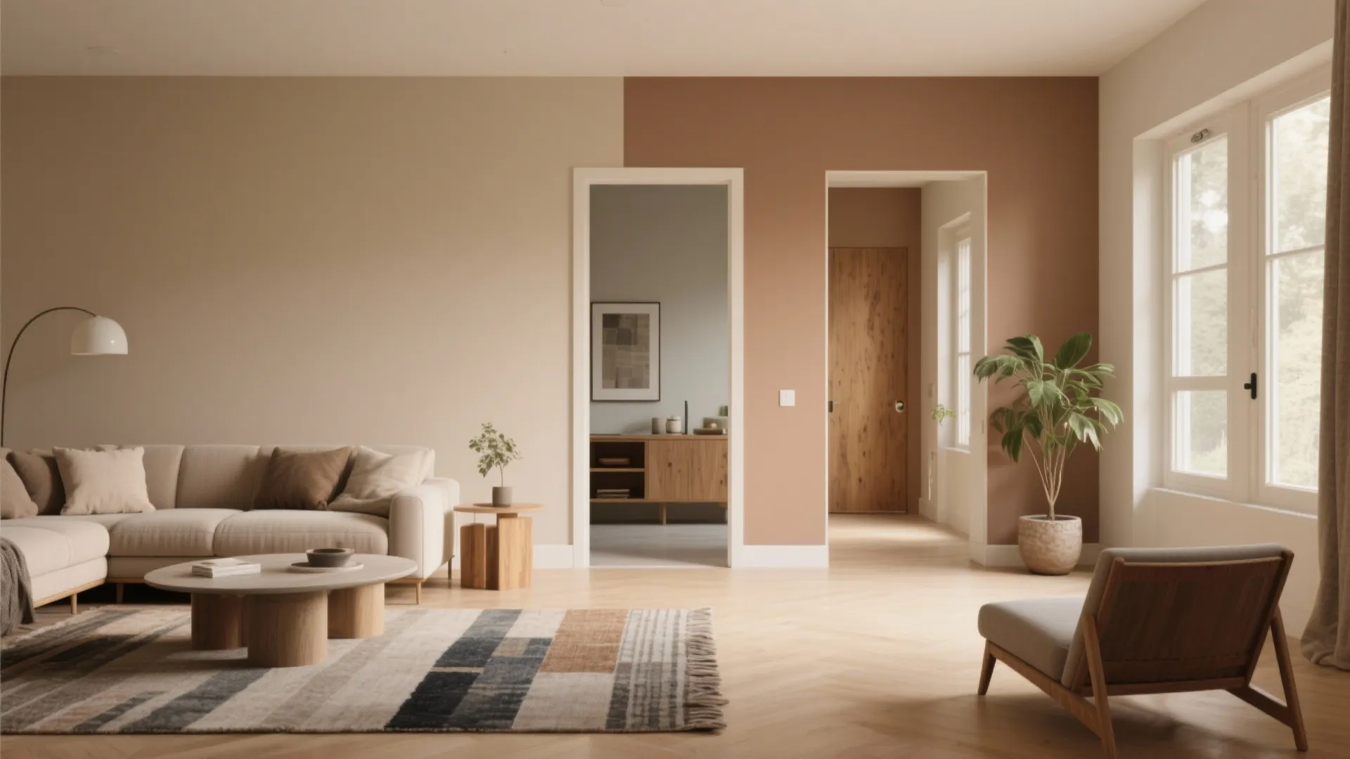 Living room and entryway showing distinct mood zones with different neutral paints and cohesive decor.