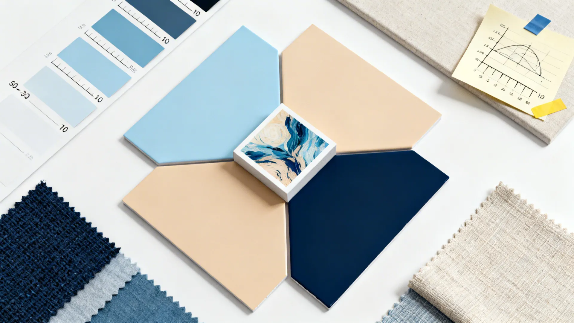 Moodboard showing 60-30-10 color rule with paint chips and fabric swatches