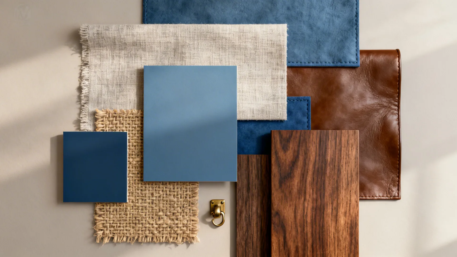 Flatlay moodboard with blue and brown swatches, fabric and wood samples