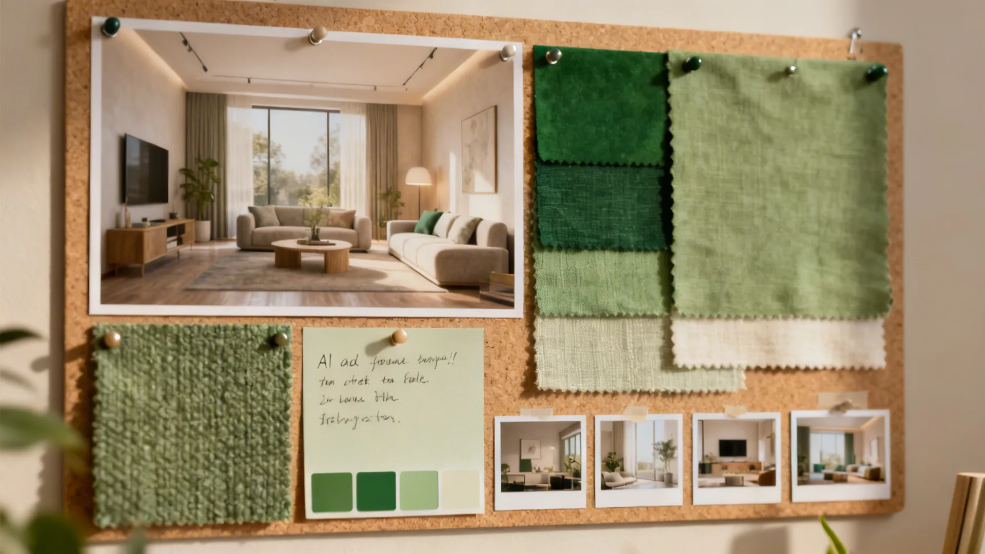 Moodboard collage showing AI-generated room options, swatches and material samples.