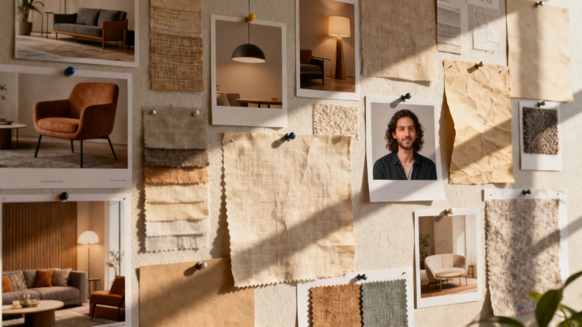 Mood board collage with furniture, lighting, textures and a real client photo pinned among samples.