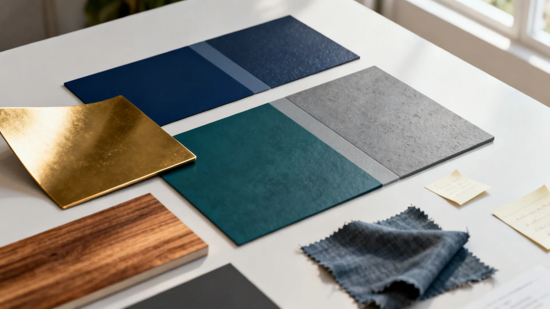 Mood board with navy, grey and gold color chips and fabric samples for palette planning