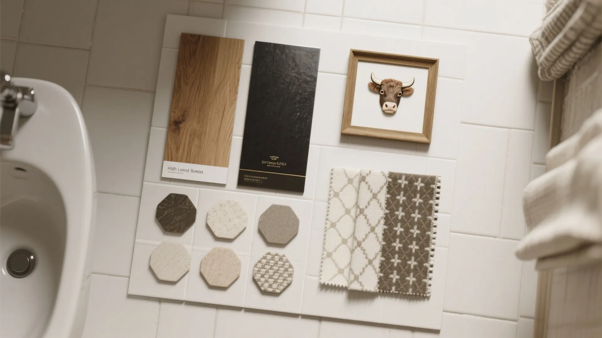 Top-down moodboard flatlay of tile, wood, metal and textile samples for a highland cow bathroom scheme.