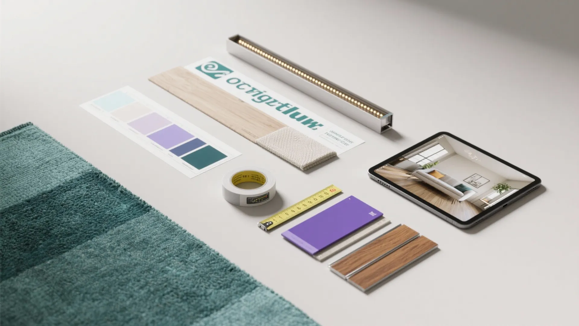 Interior design tools including color samples fabric tape measure and tablet showing modern living room