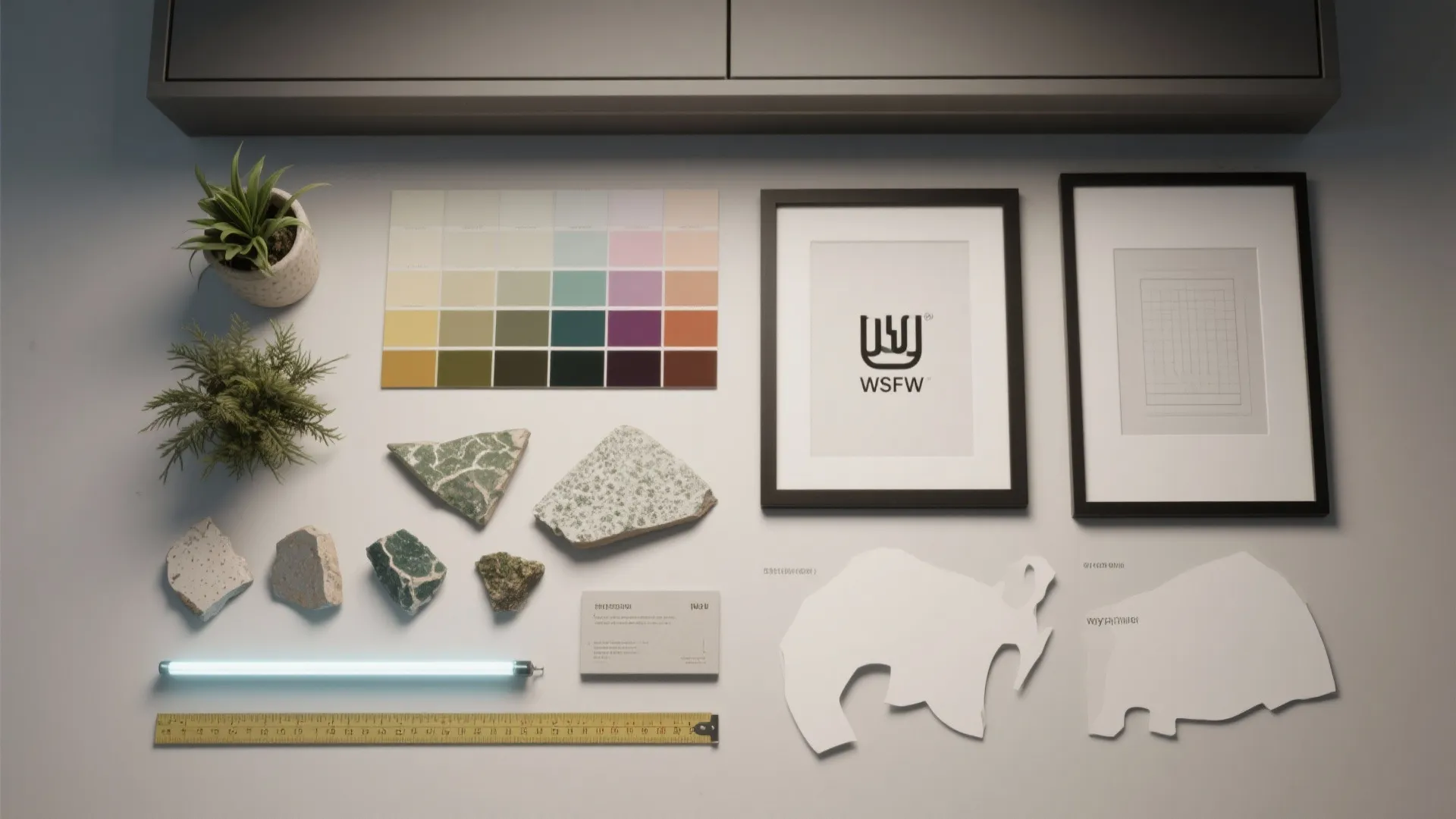 Interior design moodboard with color swatches stone samples small green plants and framed art pieces