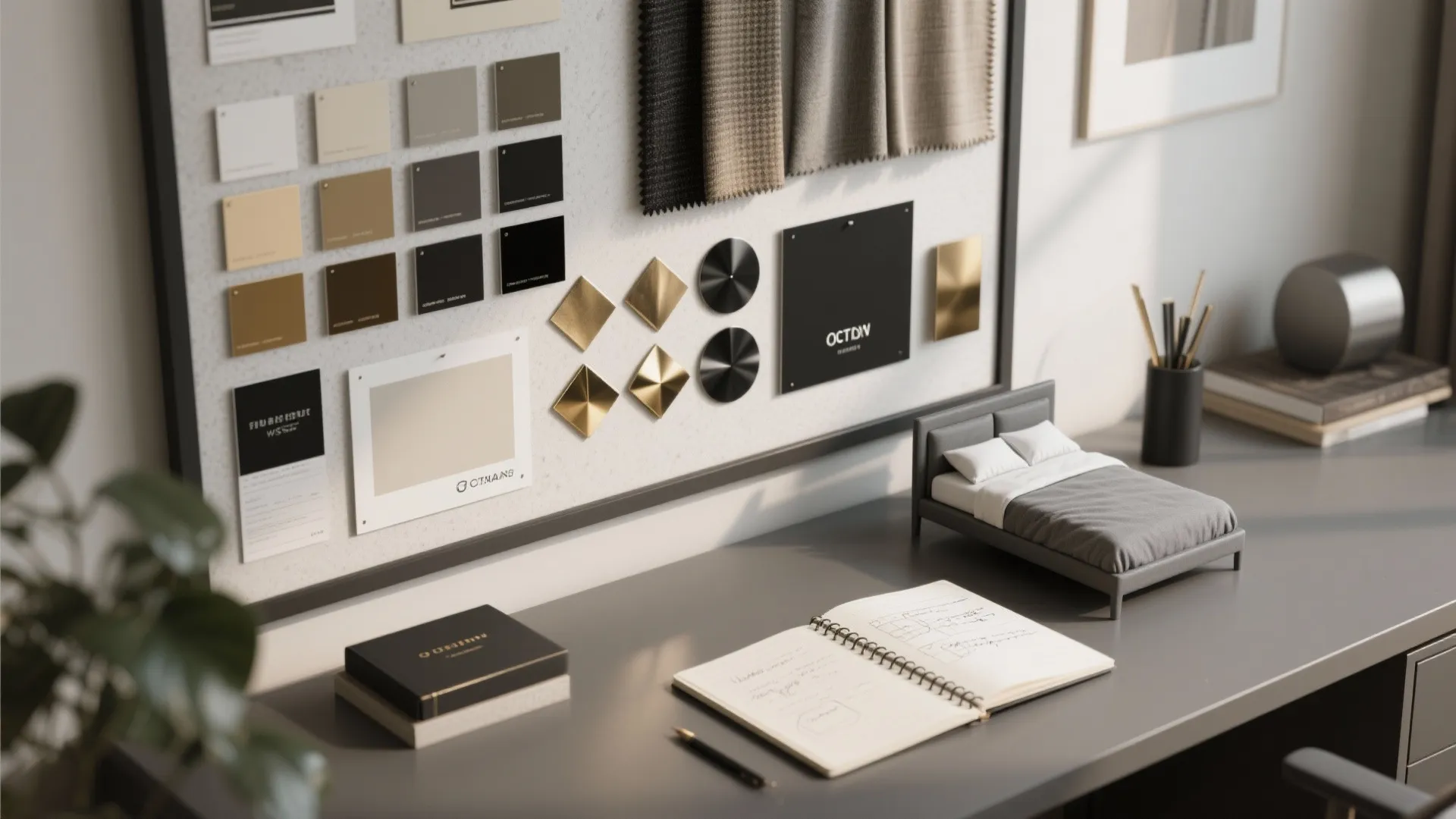 Mood board with paint swatches, fabric samples and metal finish chips for planning a gray bedroom