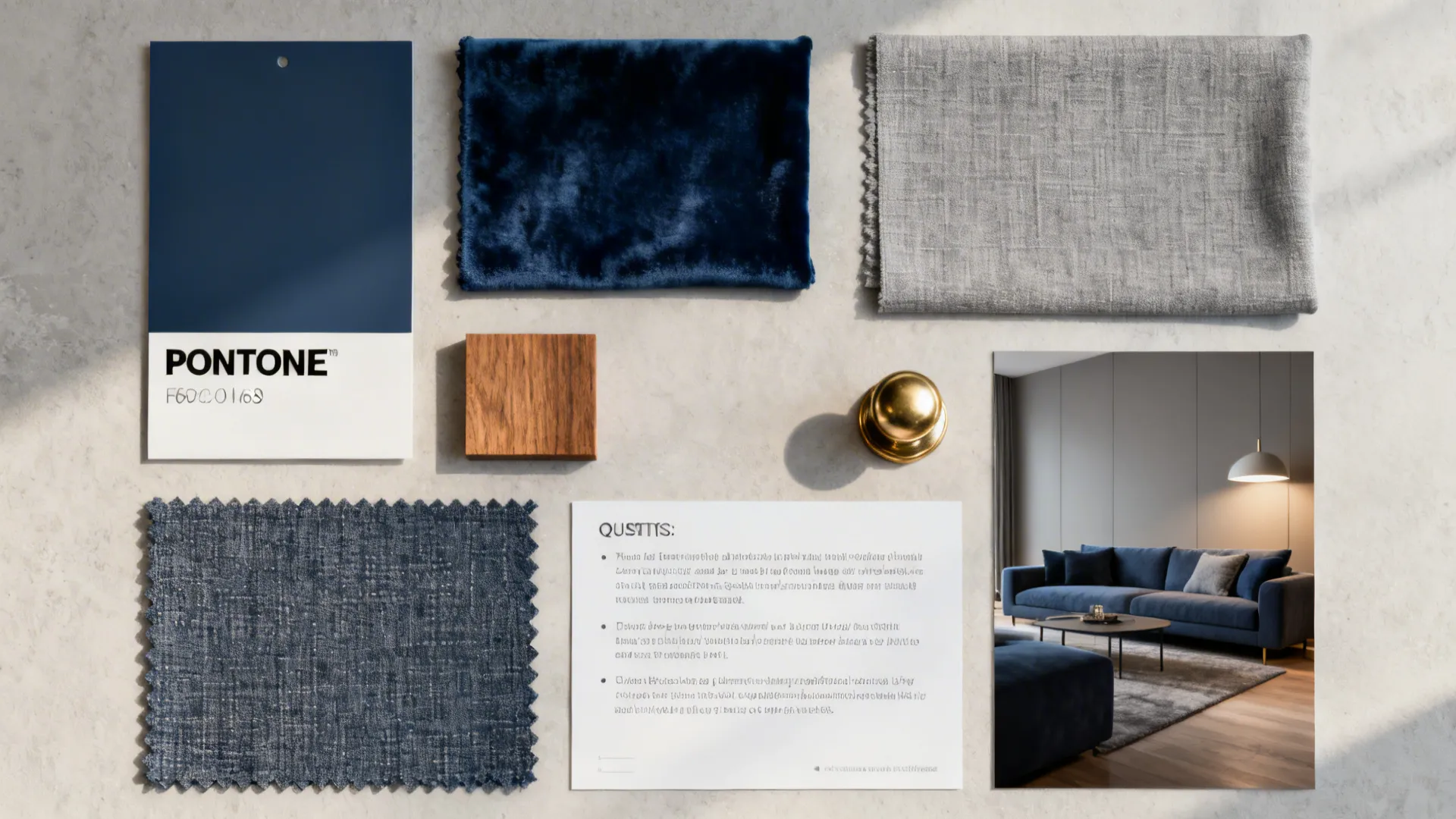 Moodboard flatlay with Pantone swatch, fabric samples, wood and brass elements for a navy and grey scheme