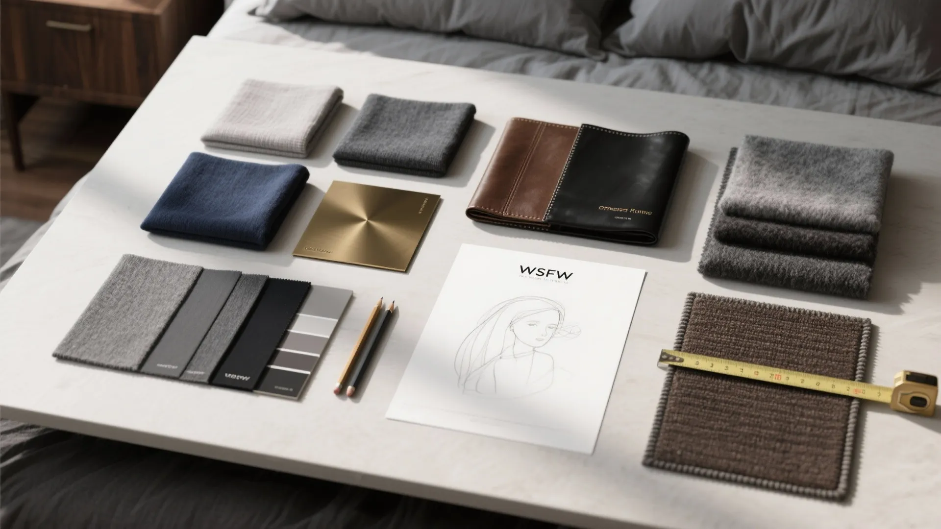 Top-down moodboard flatlay with paint chips, fabric swatches, metal samples and a rug sample for a masculine bedroom.