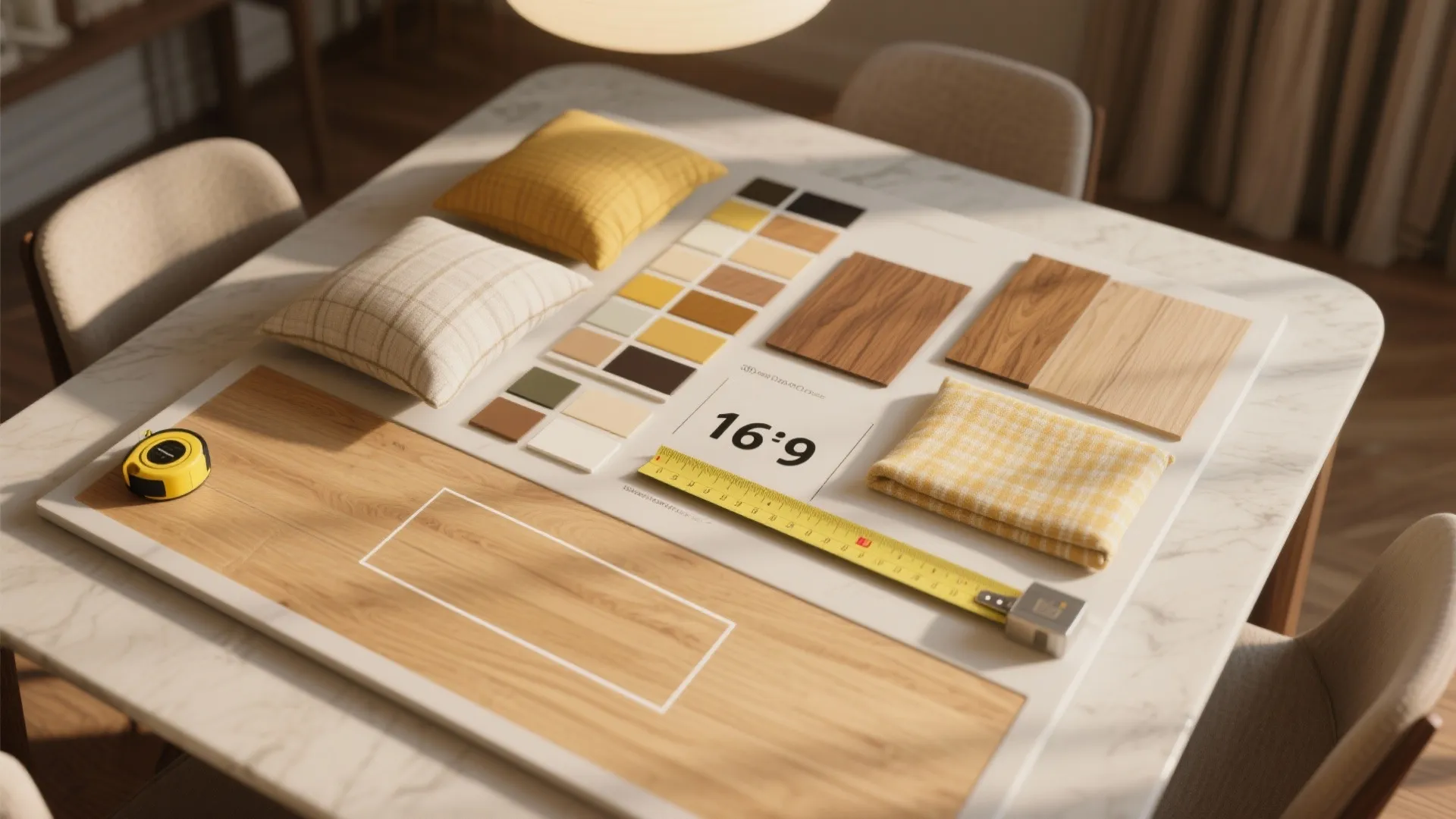 Interior design mood board on a white table with wood samples color swatches and fabric