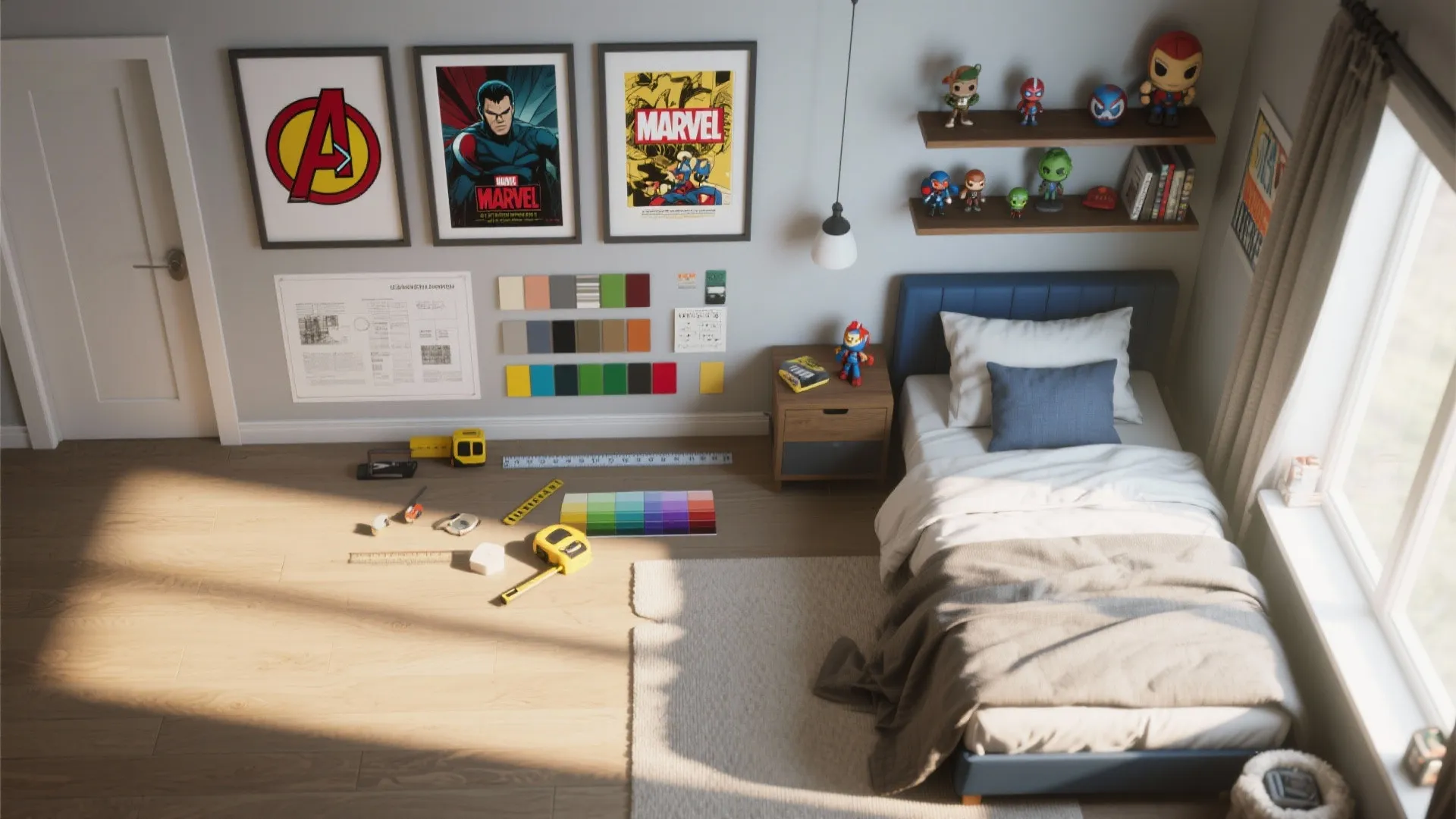 Small bedroom interior design plan with superhero posters color samples measuring tape and single blue bed