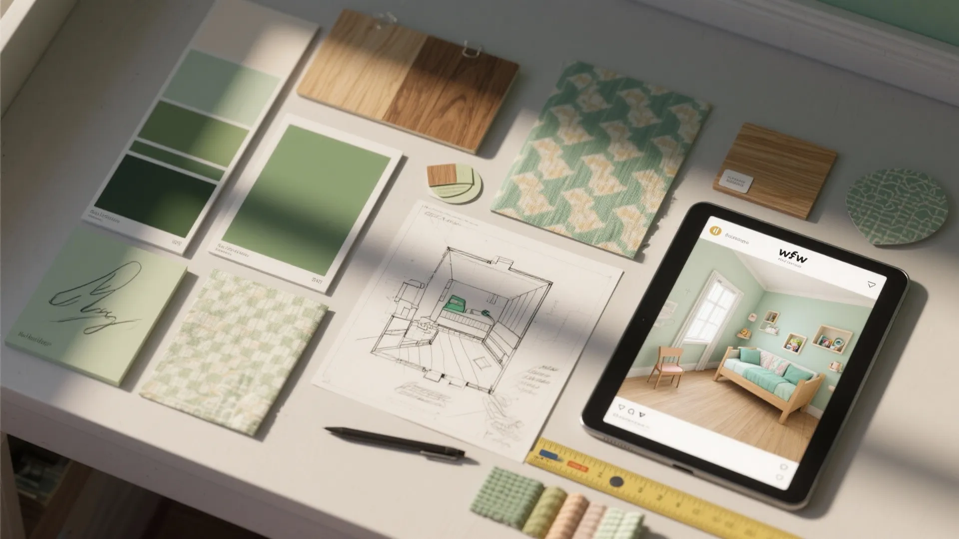 Top-down moodboard flatlay with paint swatches, fabric samples, wallpaper chip and a small floor plan for a teen room.