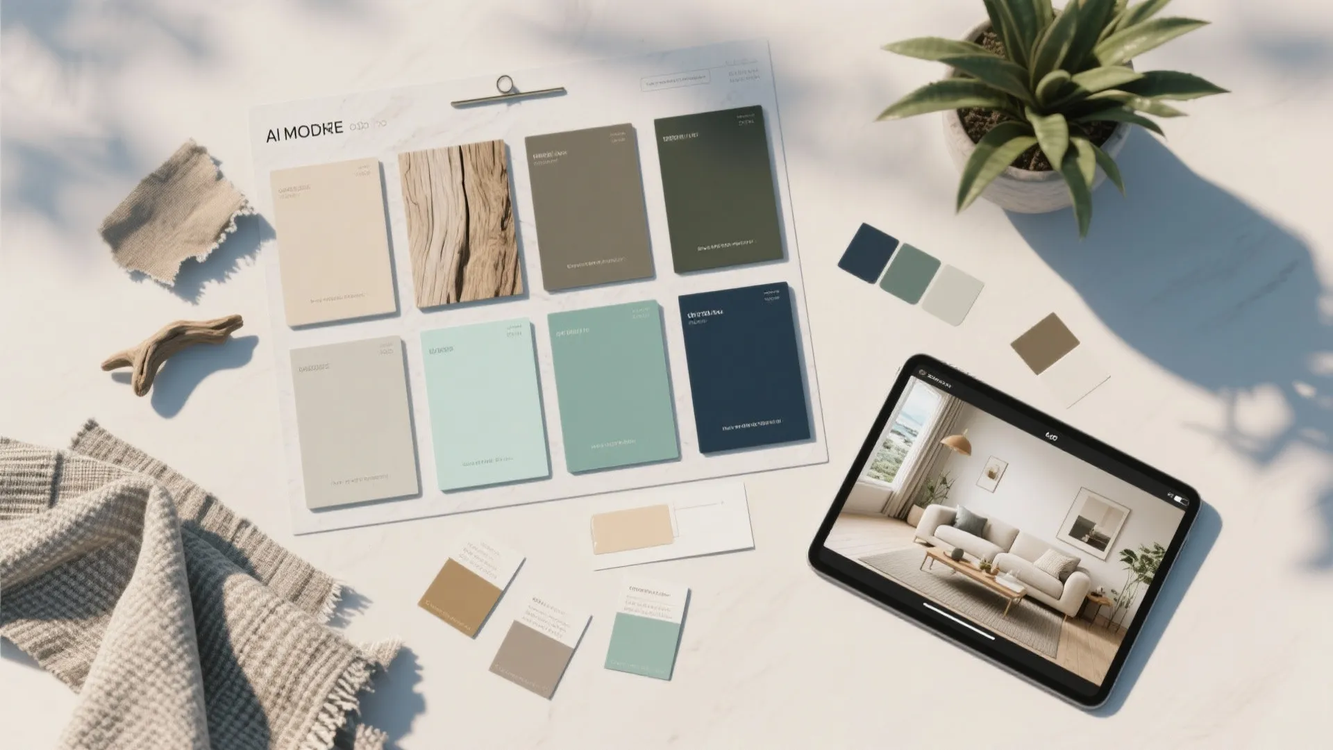 Interior design mood board with color samples fabric wood pieces plant and a digital tablet display