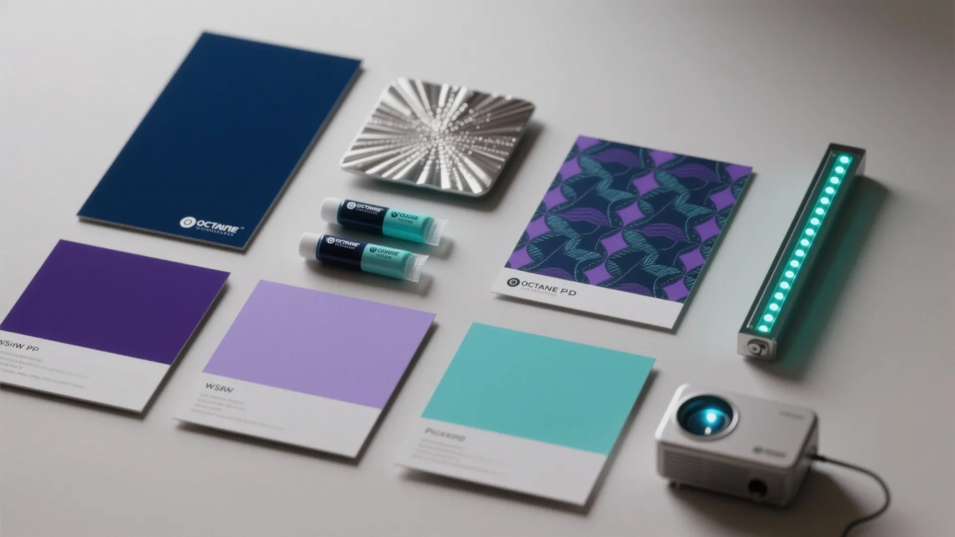 Flatlay moodboard with galaxy color swatches, glow paint tubes, wallpaper sample and LED strip sample.