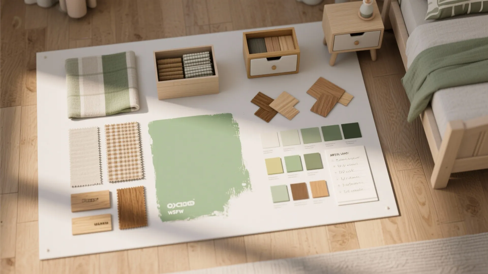 Top-down moodboard flatlay of paint chips, fabric swatches and storage samples for a youth bedroom palette.