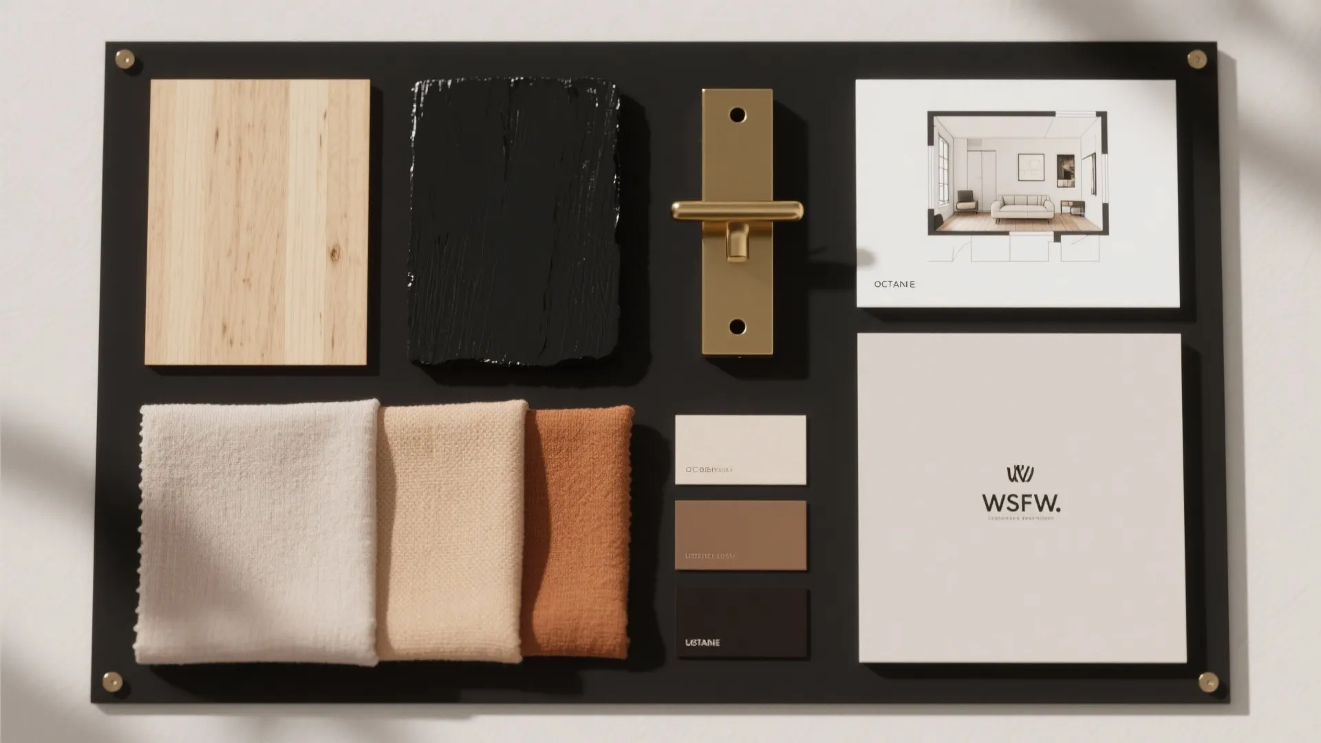 Interior design mood board with wood samples fabric swatches color palettes and a small room drawing