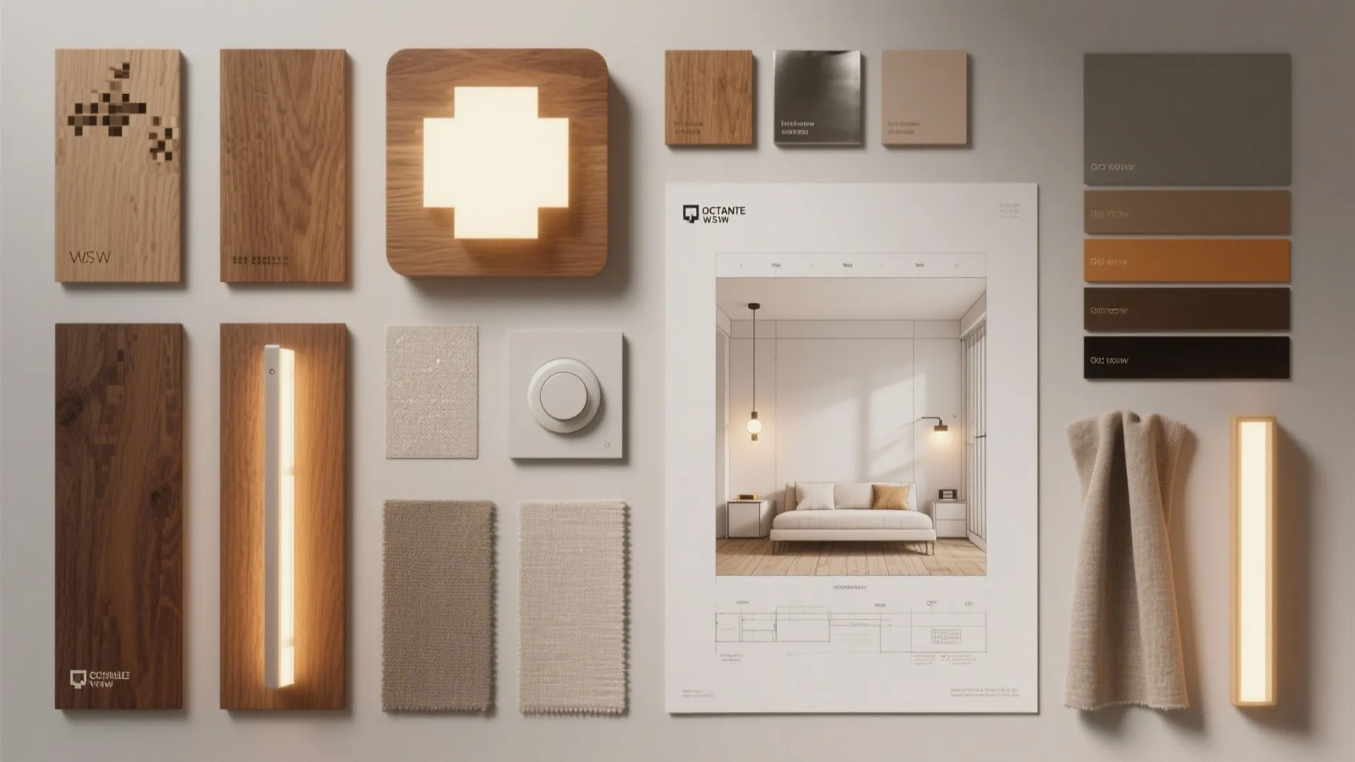 Flatlay mood board with wood, metal swatches, LED diffuser and room planner sketch