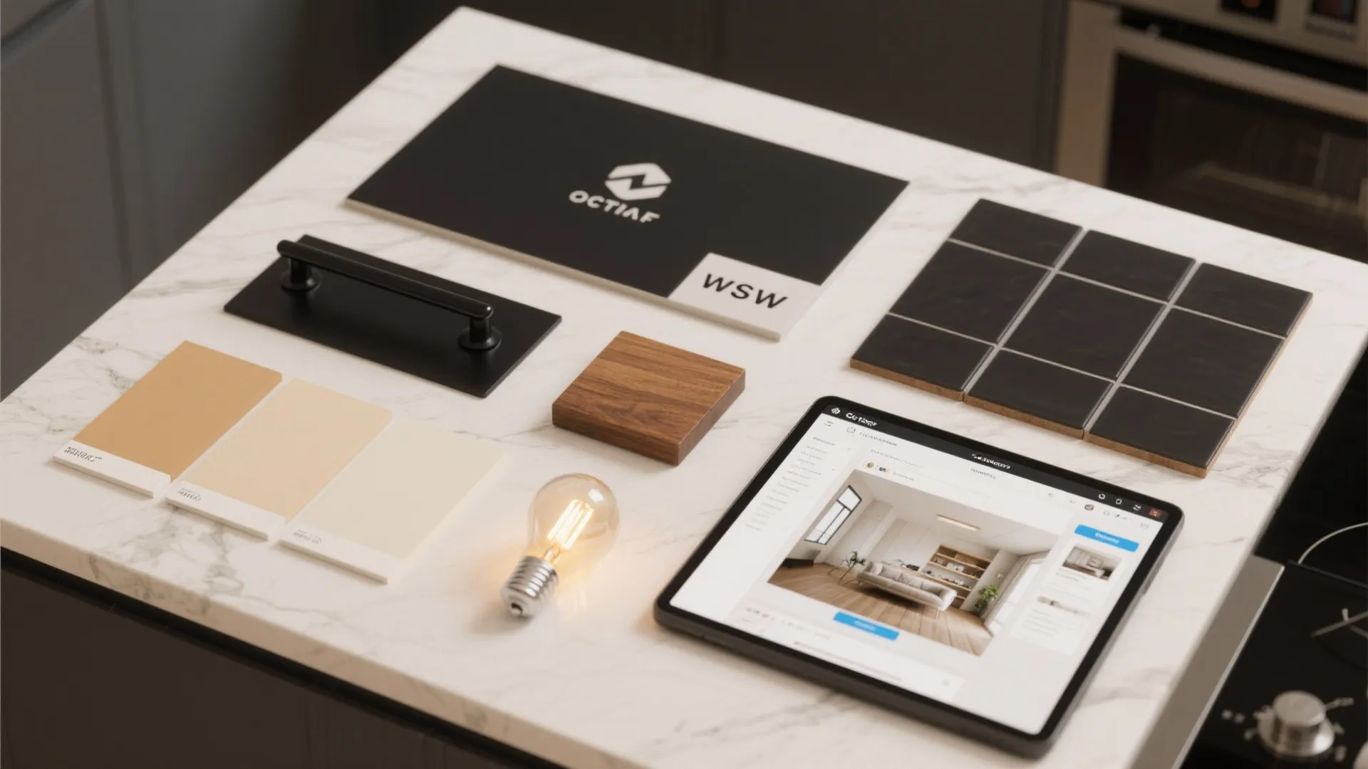 Interior design moodboard with color samples black tiles wood block and tablet showing a room layout