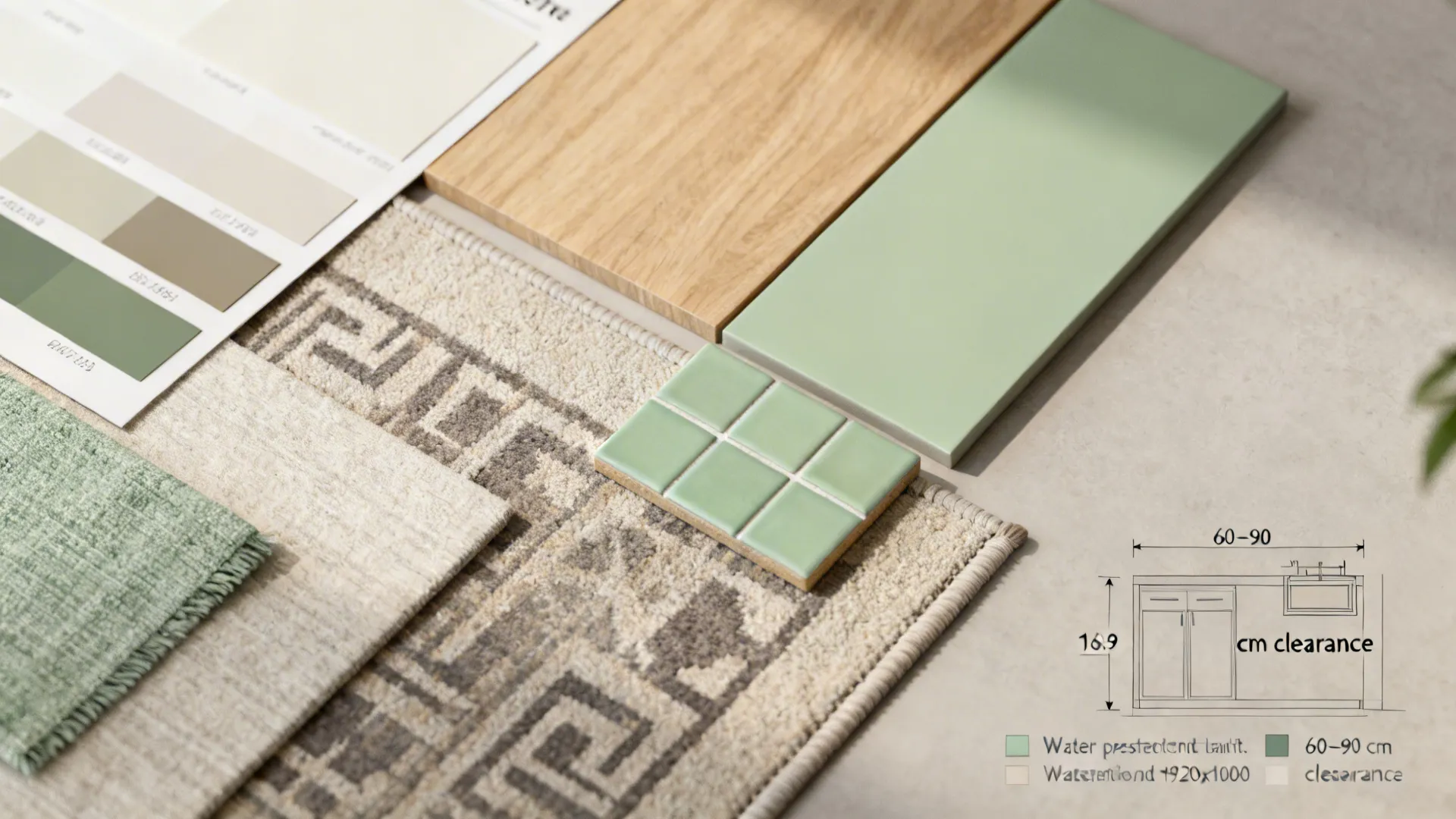 Moodboard flatlay with color swatches, fabric samples, countertop tile and clearance diagram for small combo spaces