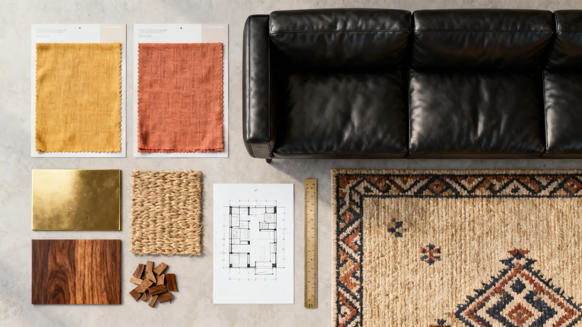 Top-down moodboard flatlay with textile swatches, rug samples, wood and brass finish chips for a black sofa scheme.