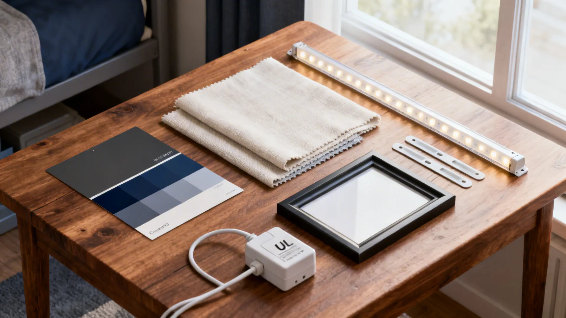 Moodboard flatlay with paint swatches, fabric samples, LED strip and frame mockups for a dorm makeover.