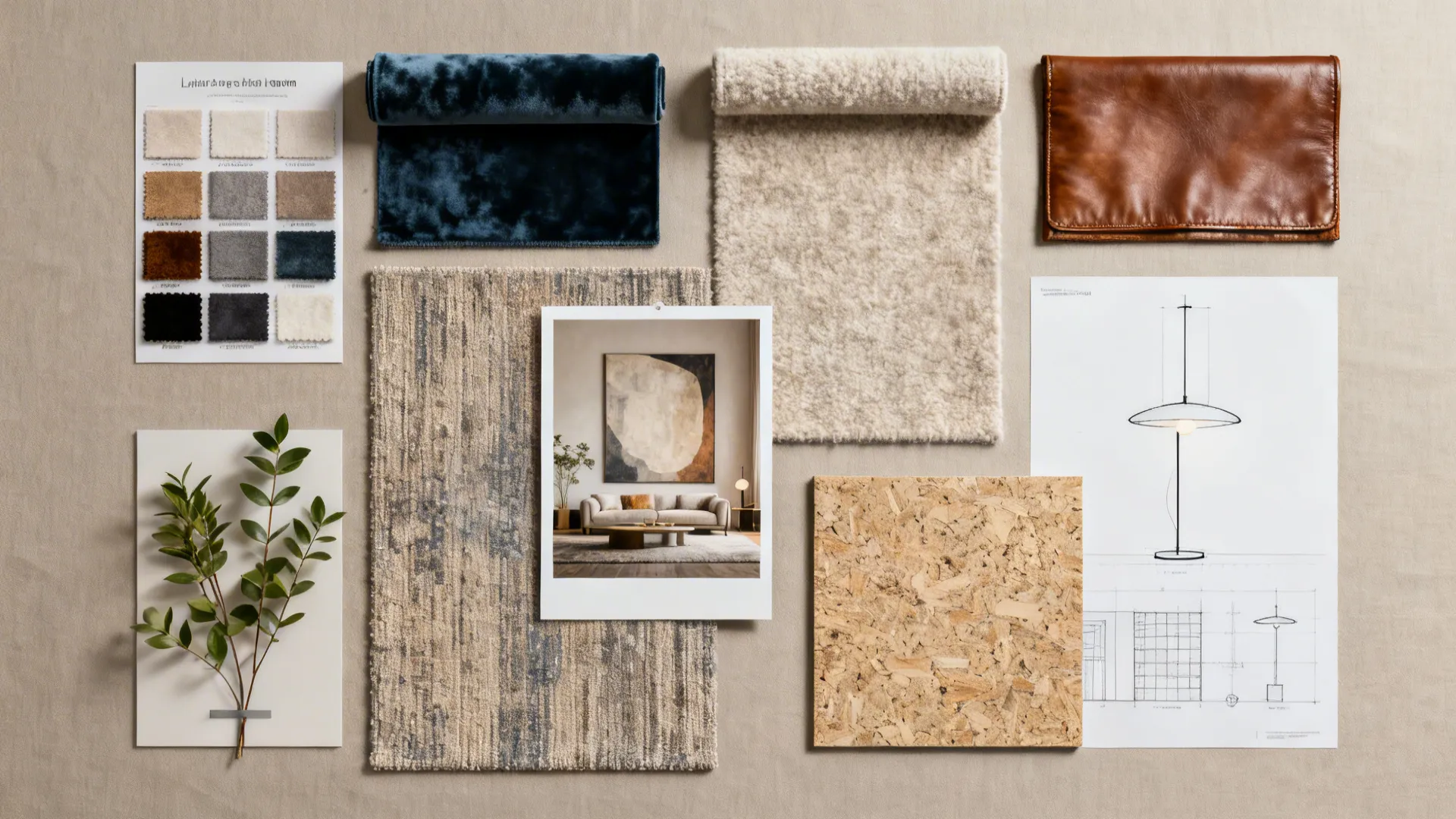 Interior design moodboard featuring fabric samples leather swatches wood board green plant and light sketch