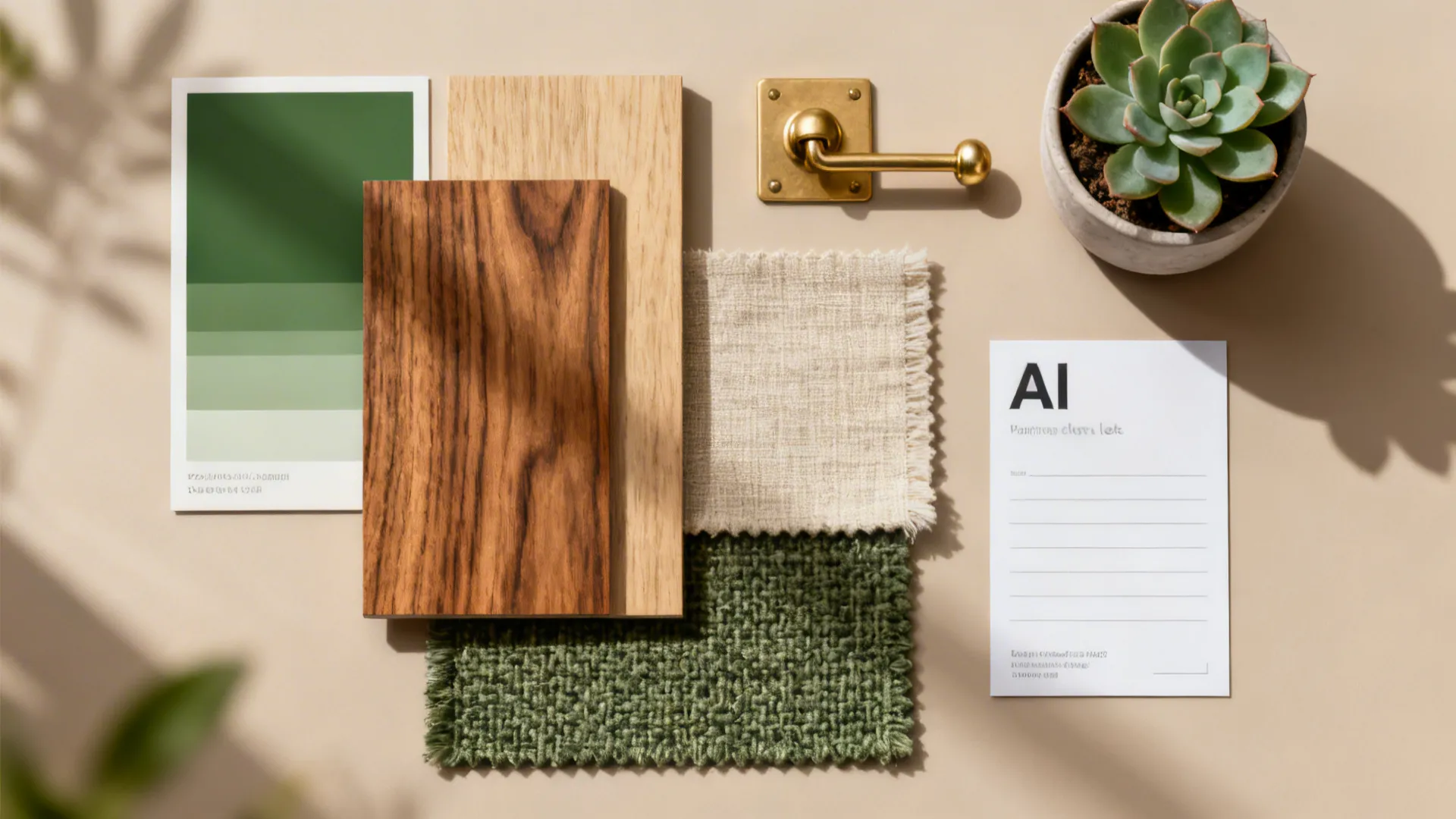 Flatlay mood board with color swatches, wood and fabric samples and a small plant for a modern small-space living room.