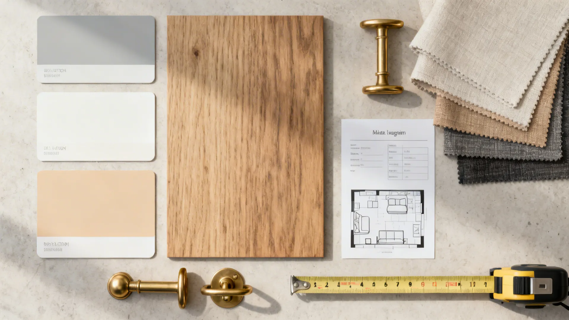 Interior design moodboard with color swatches, wood panel, fabric samples, gold hardware, and floor plan