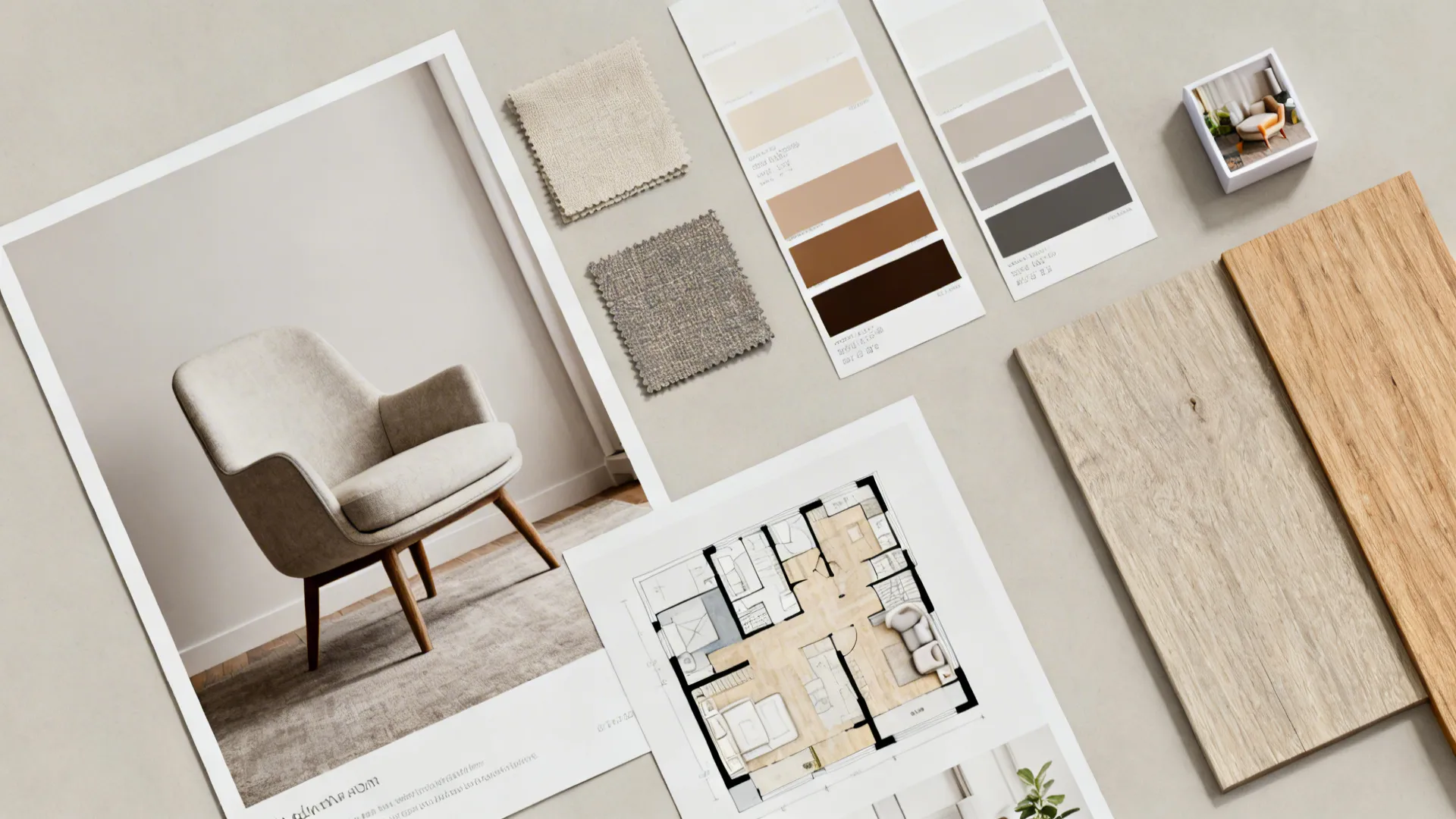 Mood board flatlay with fabric samples, paint chips and a small floorplan for planning a printed chair layout.