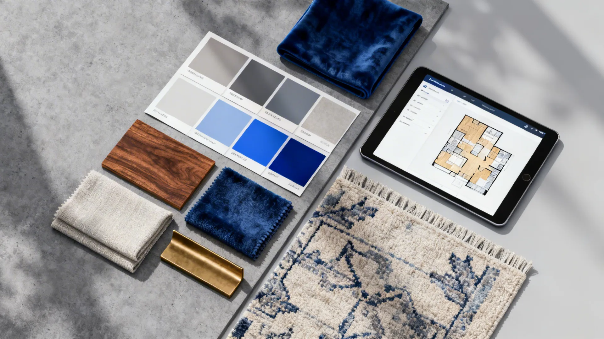 Flatlay moodboard of paint swatches, fabric samples, wood and brass chips, and an online floor planner.