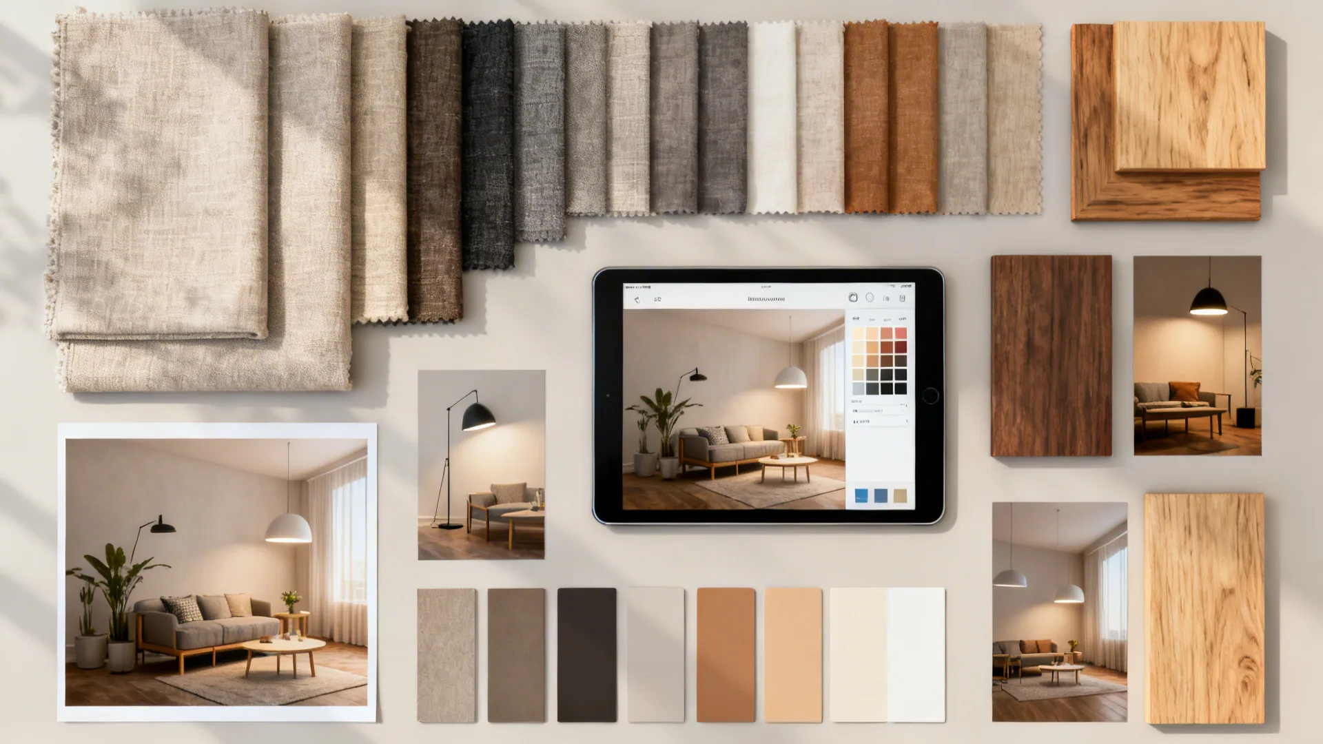 Mood board flatlay with fabric swatches, paint chips, and a tablet displaying a color palette