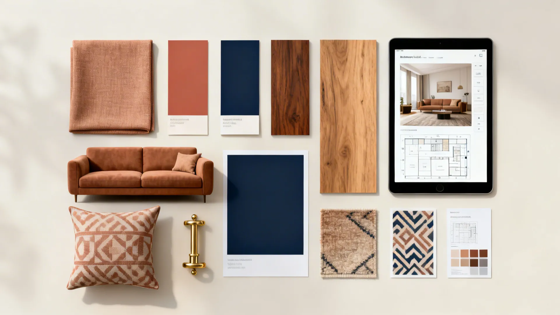 Flatlay moodboard with fabric swatches, paint chips, wood samples and cushion patterns for a light brown sofa scheme.