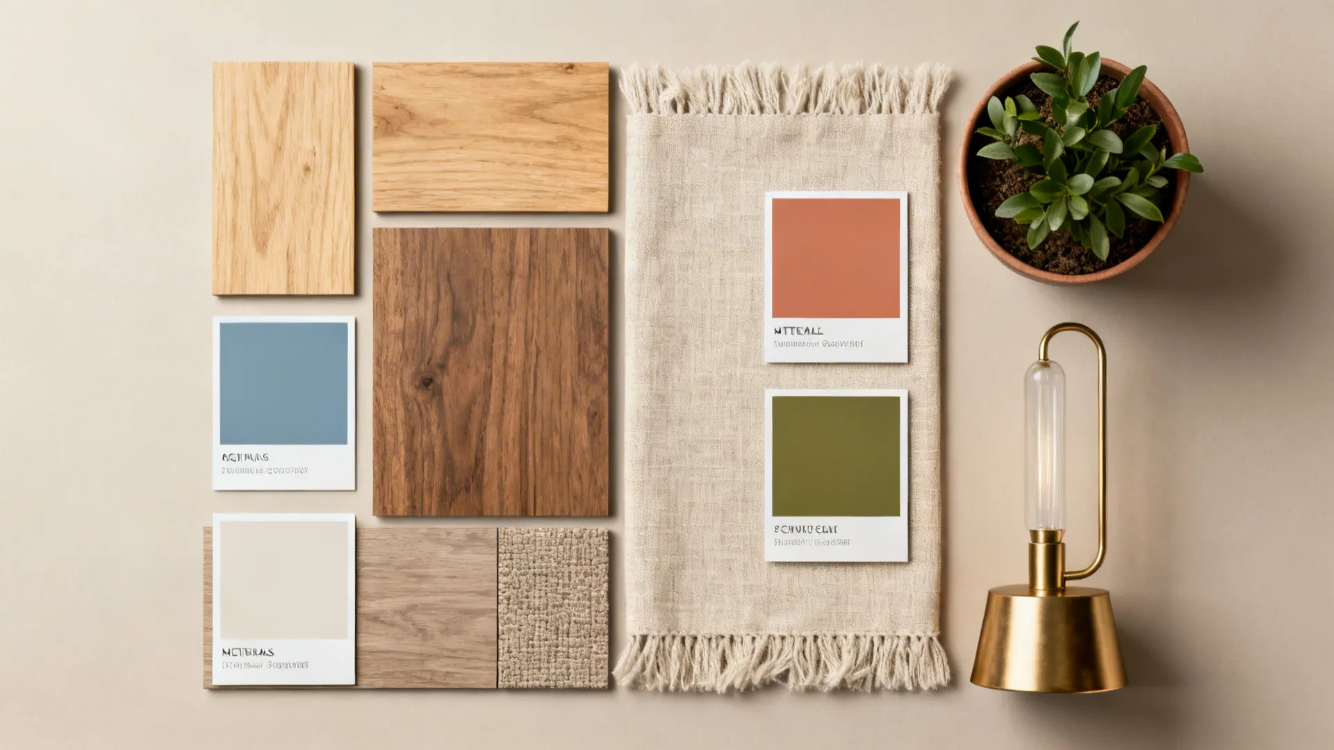 Moodboard flatlay with palette swatches, fabrics, wood samples, and accent color chips