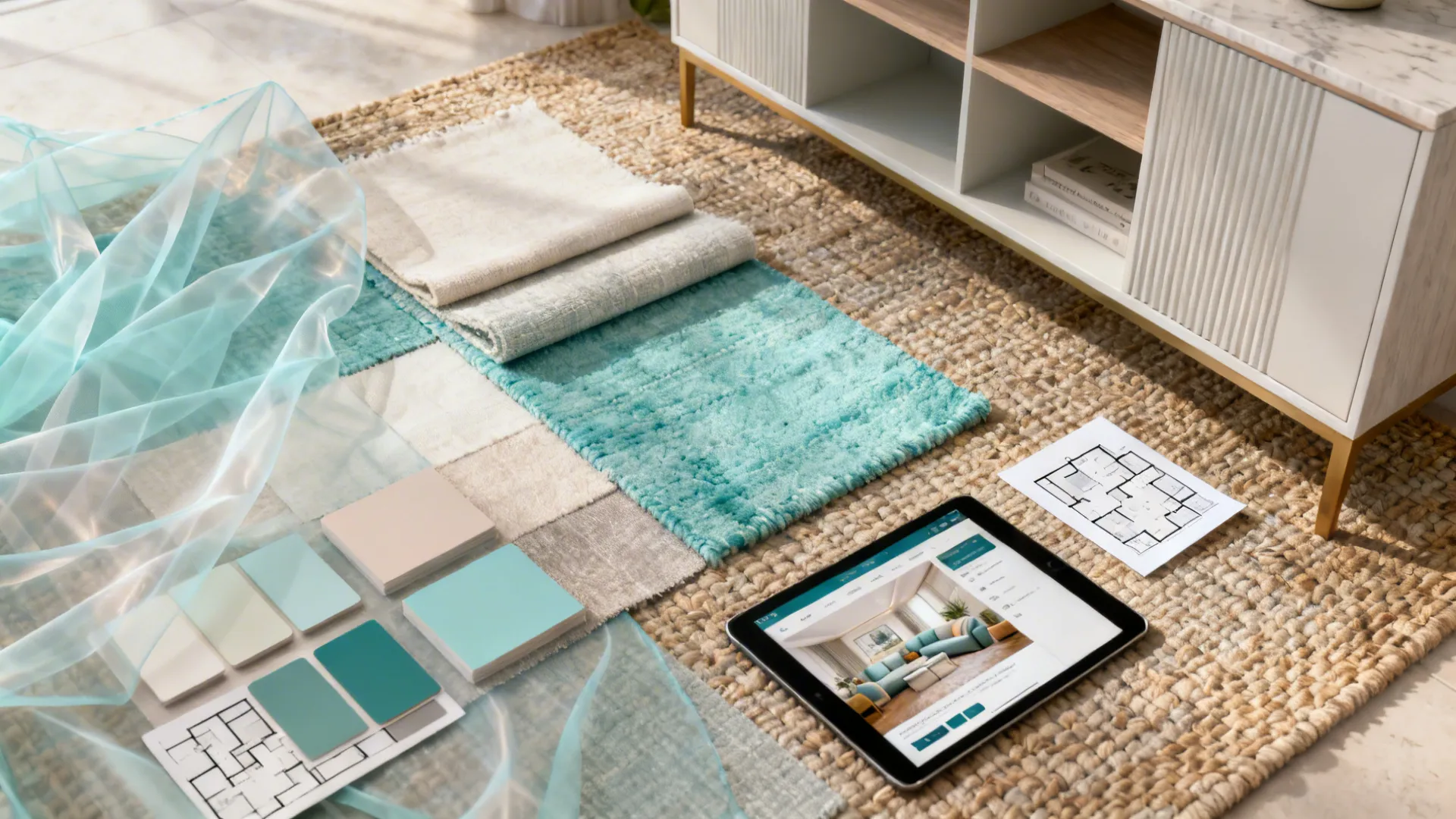 Flatlay moodboard with fabric swatches, color chips and a room planner tablet for coastal living room layouts