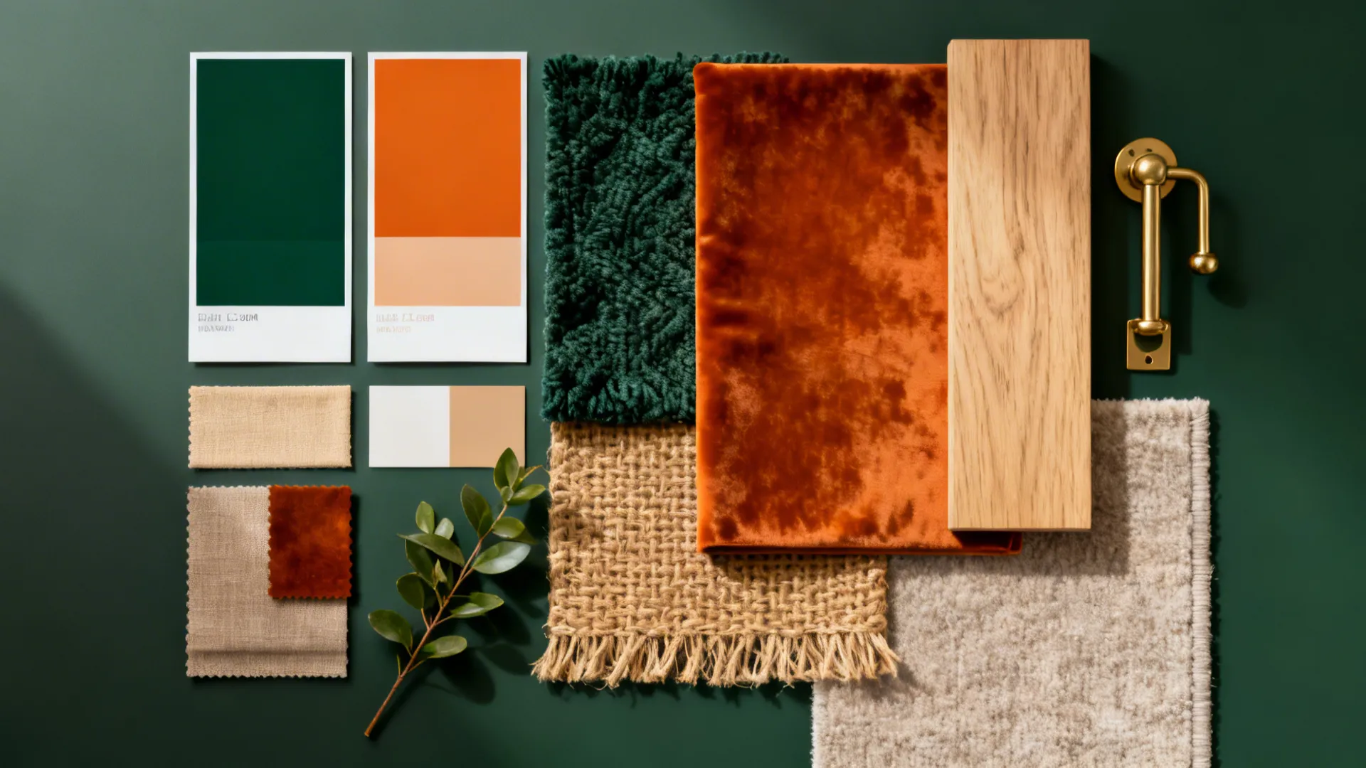 Flatlay moodboard with paint swatches, fabric samples, wood and brass accents for a green and orange palette.
