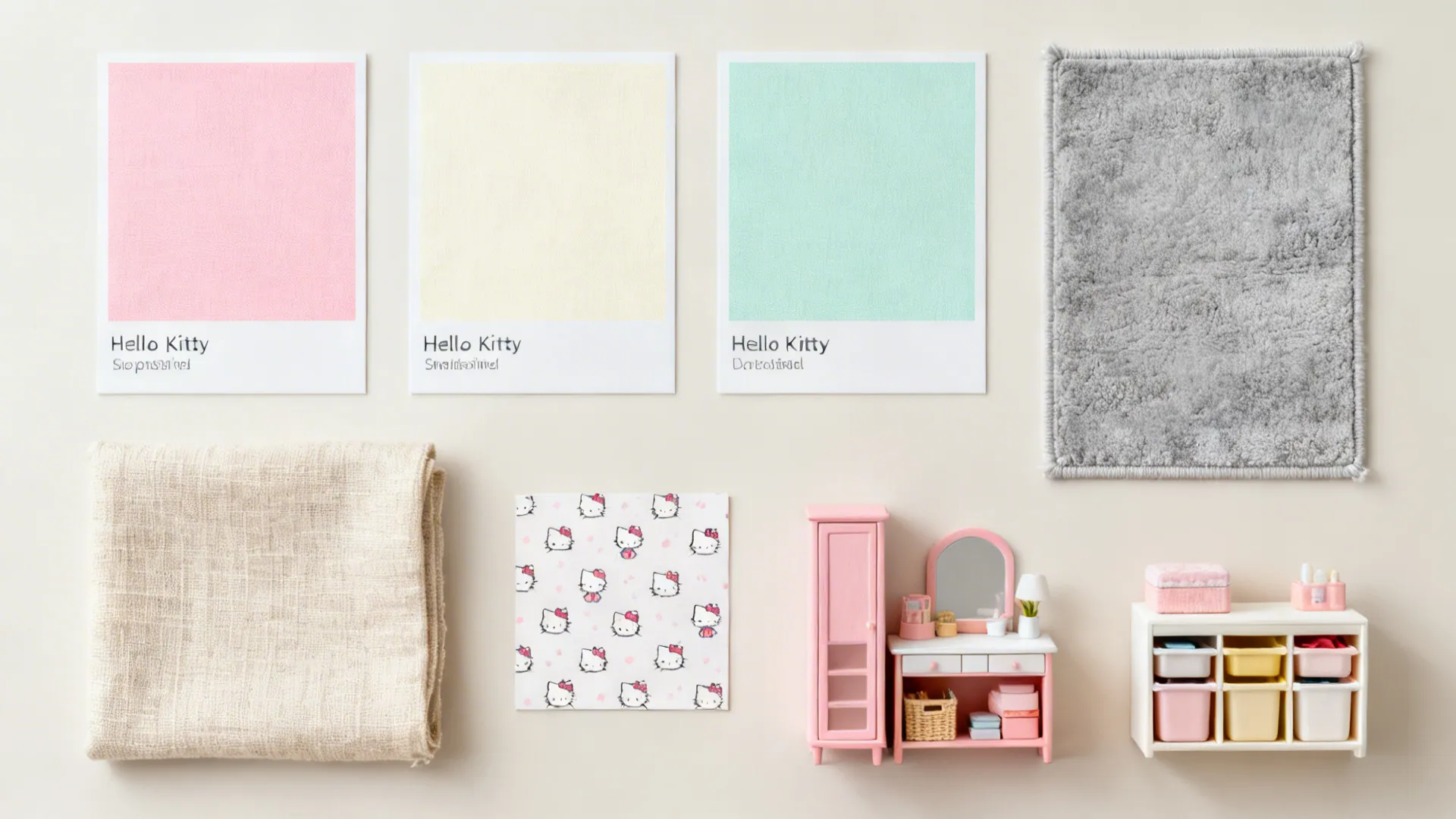 Moodboard flatlay with color swatches, fabric samples and tiny wallpaper for Hello Kitty-themed room planning.