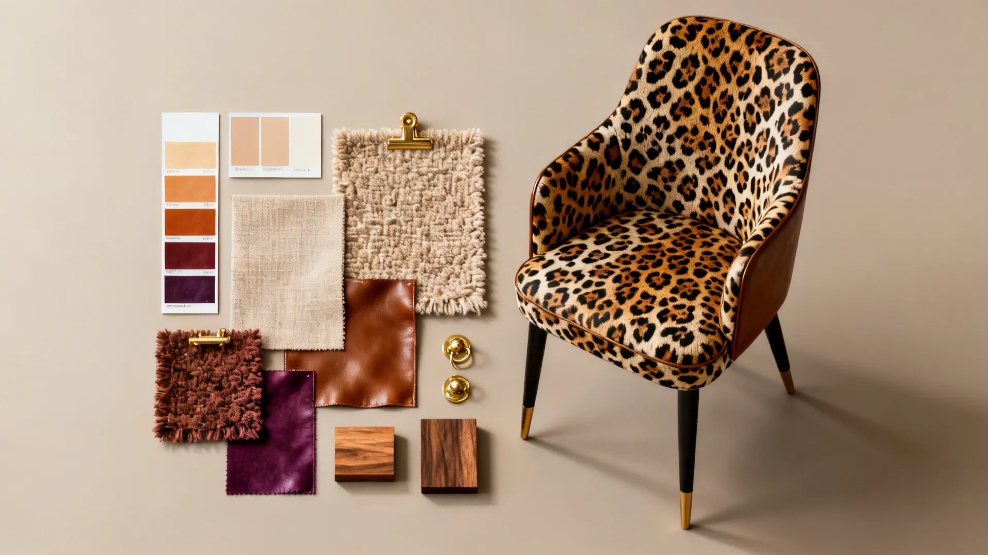 Top-down moodboard flatlay with leopard fabric swatch, boucle, leather and paint chips for pairing ideas.