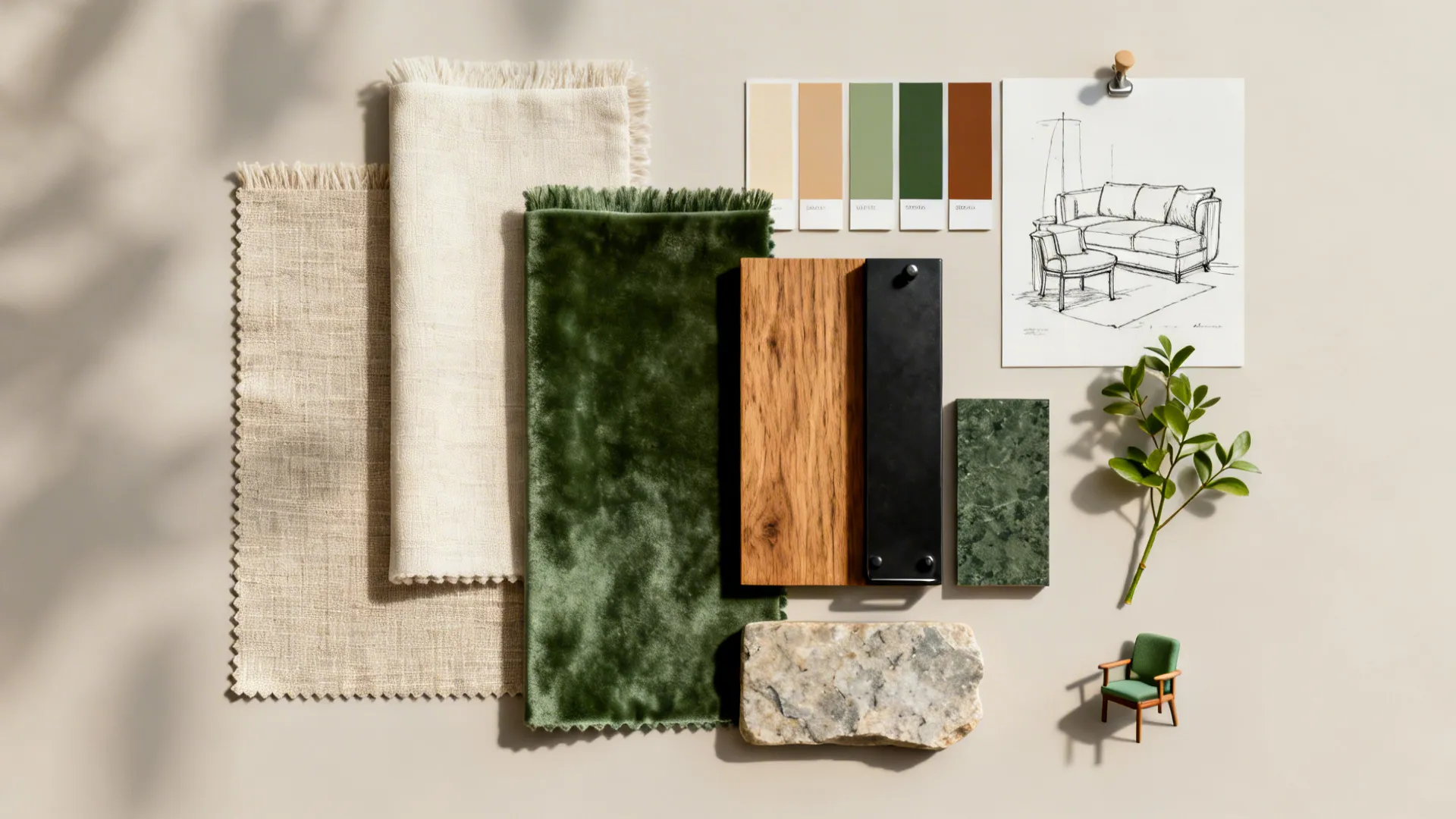 Flatlay mood-board with fabric swatches, material samples, and color chips for a boutique-inspired living room.