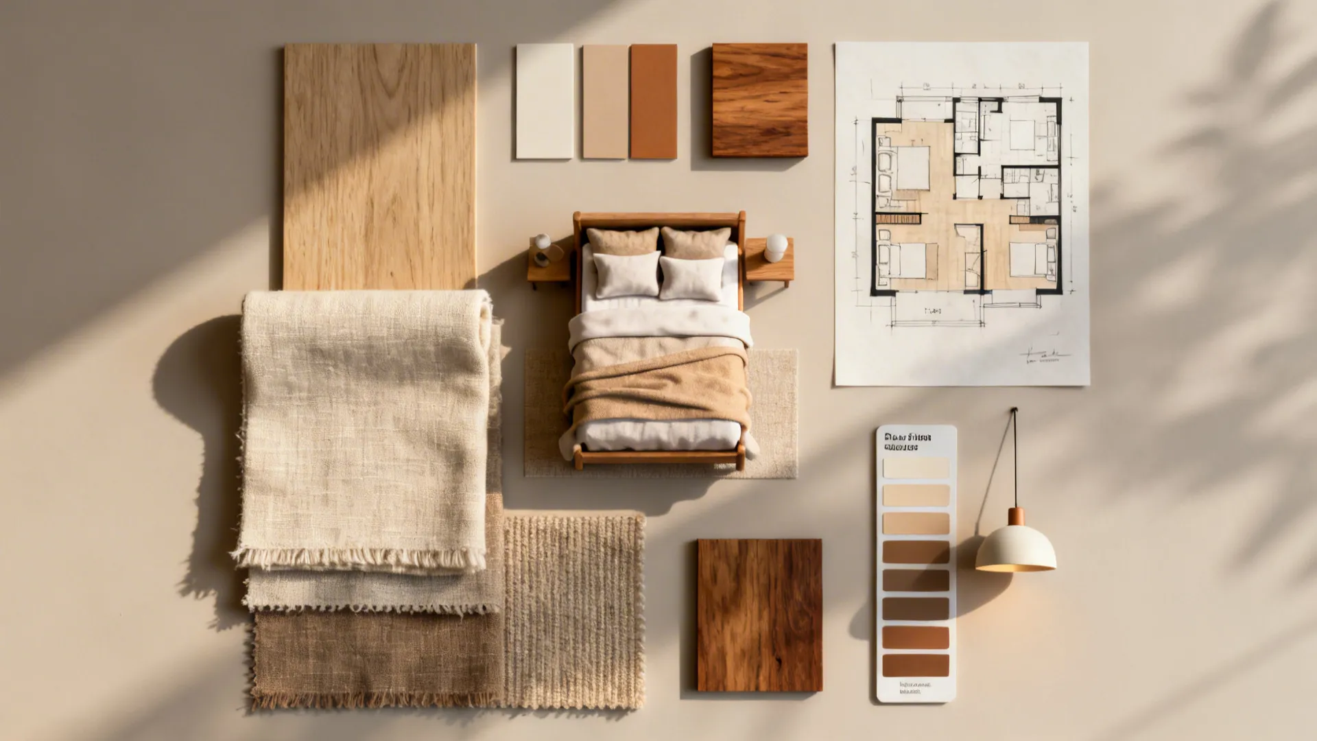 Flatlay mood board with fabric swatches, wood samples, color chips and a mini floorplan for a centered bed layout.