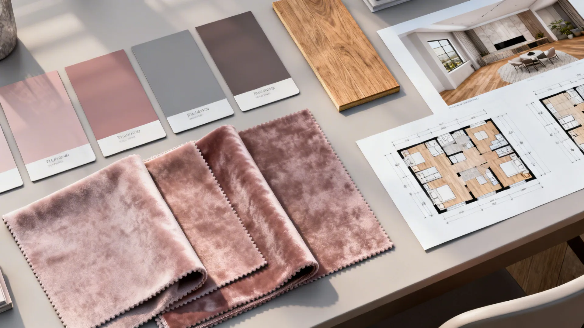 Top-down flatlay of paint samples, fabric swatches and floor sample for a grey and pink palette