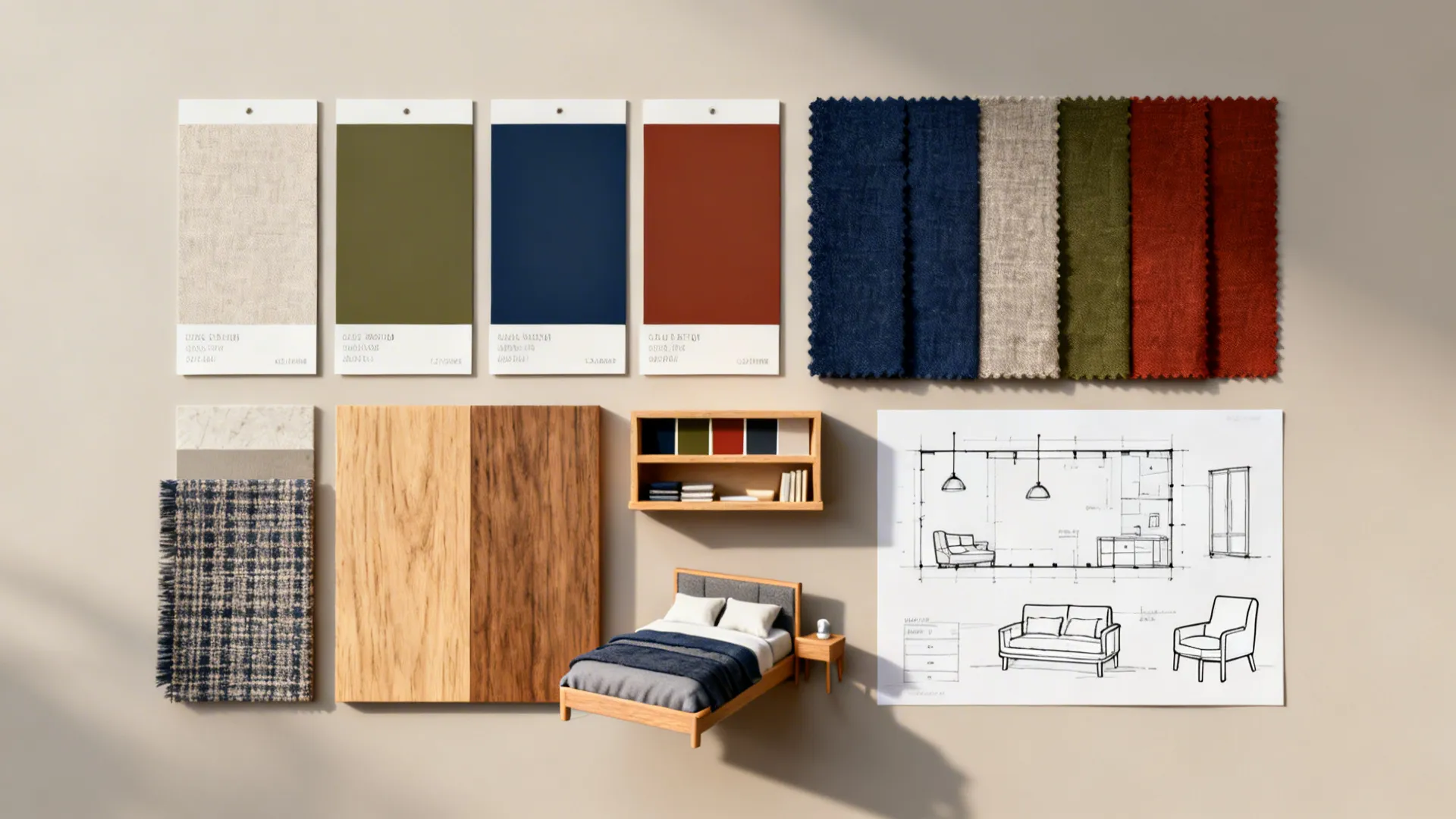 Interior design moodboard with color swatches fabric samples wood panels and furniture layout drawing sketch